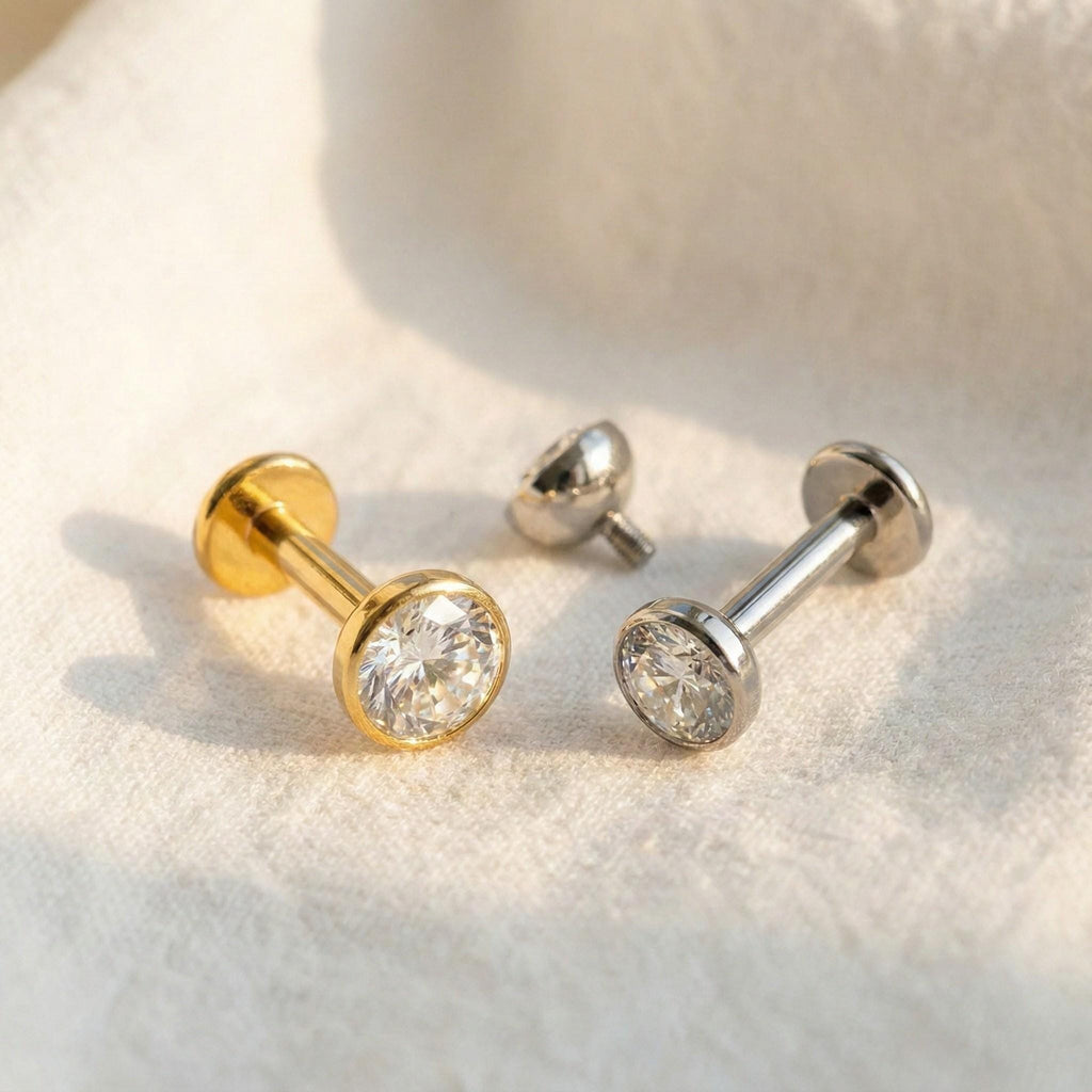 16G/18G Titanium Bezel CZ Labret Stud Earring • Tragus Earring • Helix • Cartilage • Internally threaded • Flat Back Earring • Gift for Her