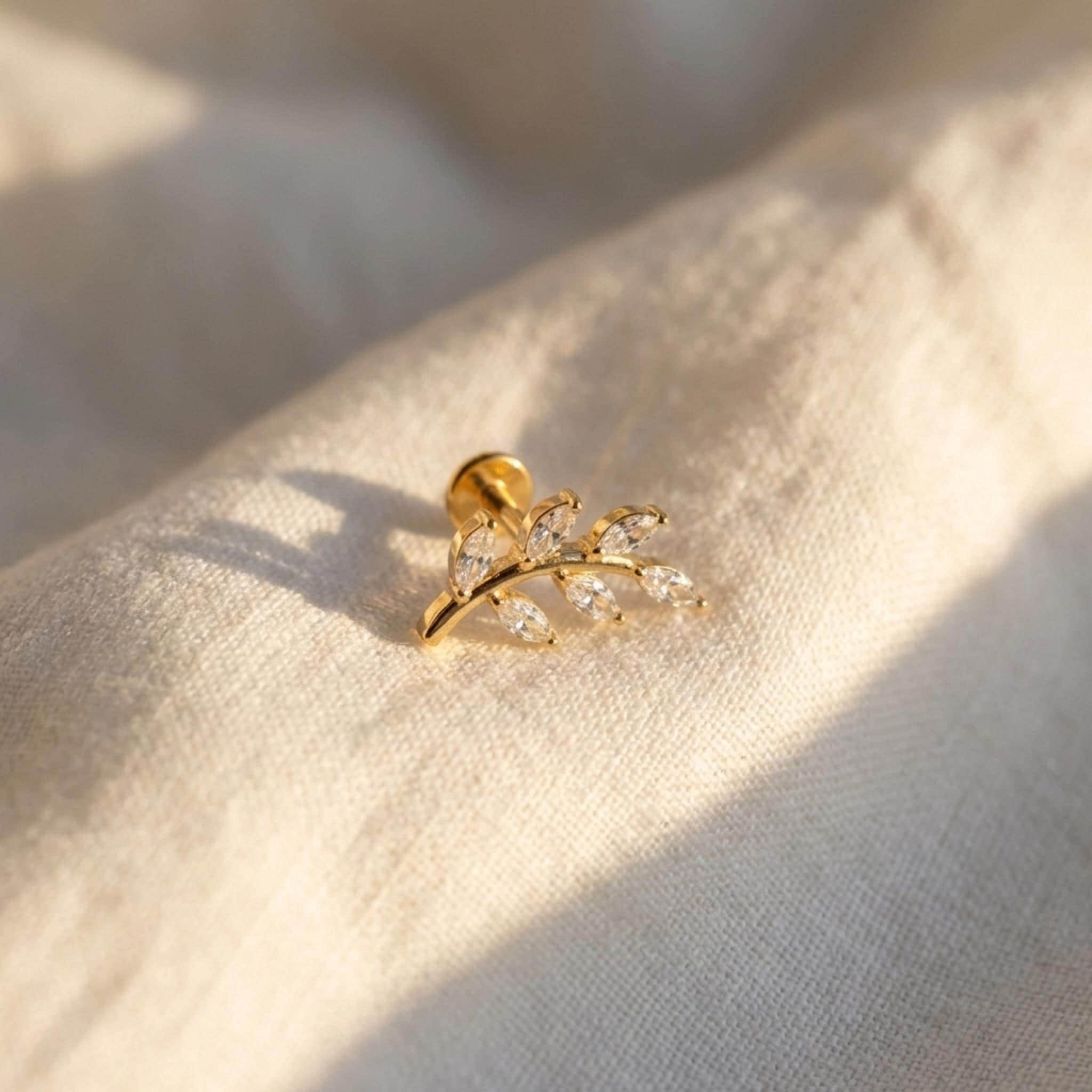 16G Titanium Marquise Leaf Stud, CZ Vine Flat Back Earring, Nature Helix Conch Tragus Piercing, Dainty Botanical Jewelry