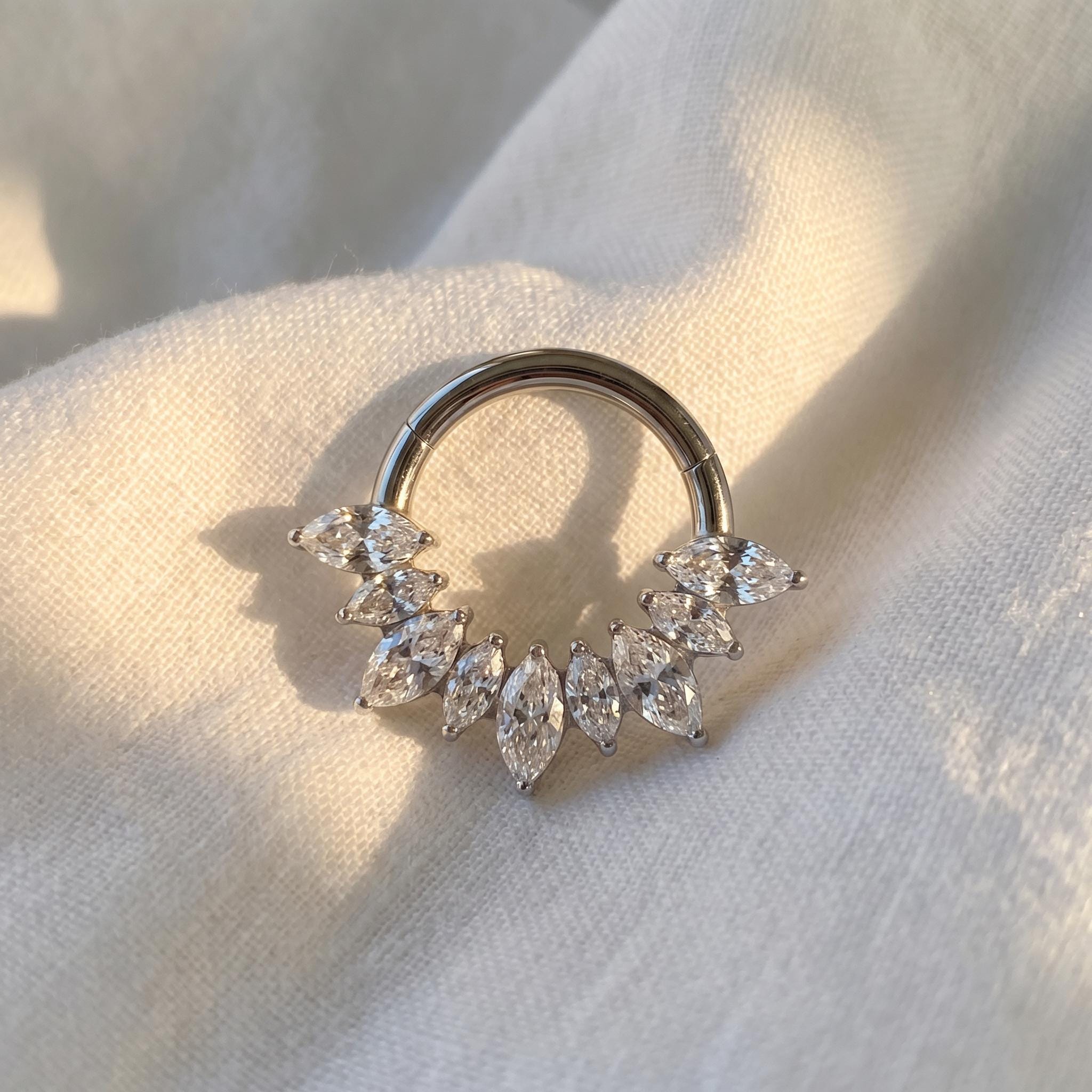 16G ASTM F136 Titanium Septum Clicker, Marquise CZ Daith Hoop, Gold Silver Cartilage Earring, Rook Tragus Helix Piercing, Implant Grade