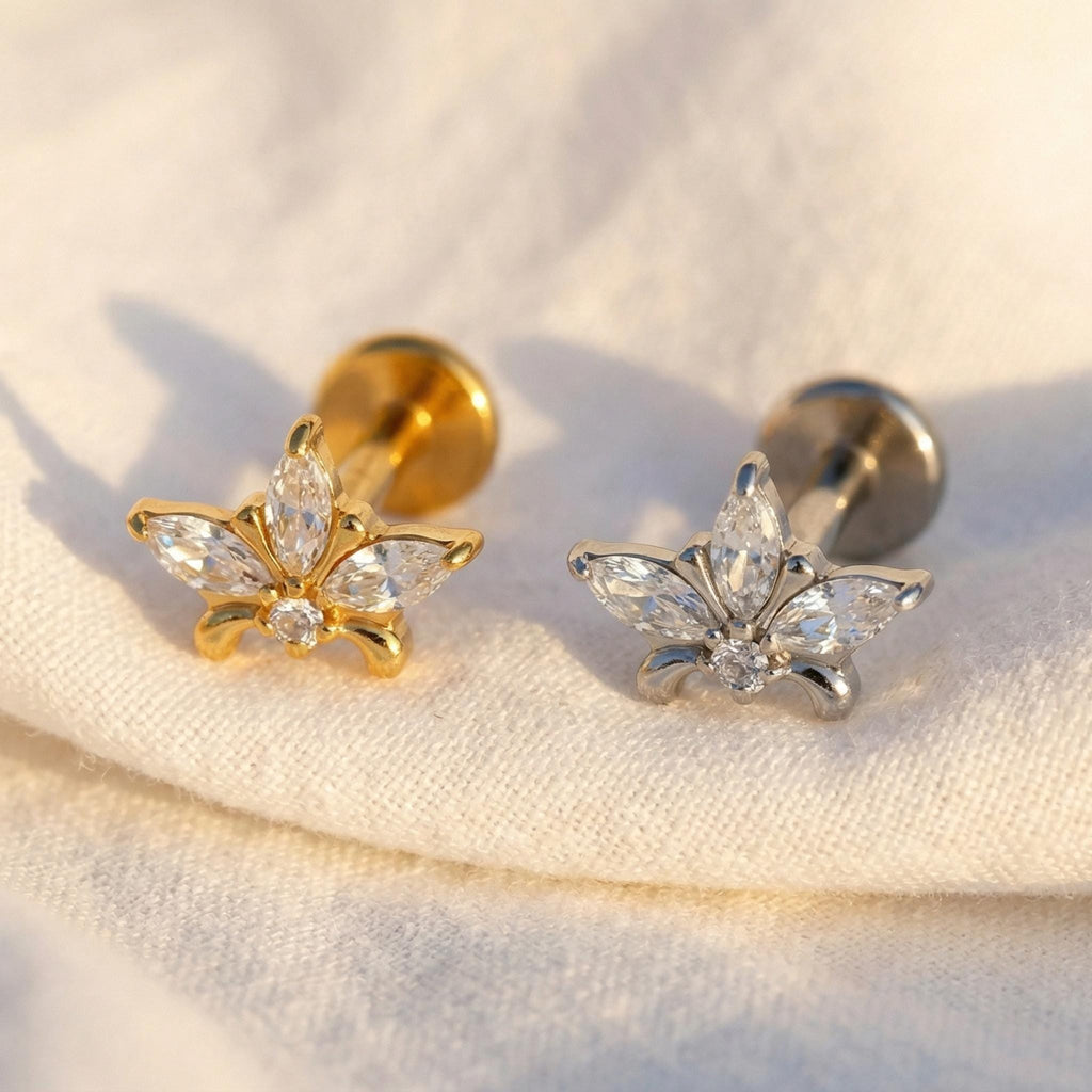 16G Red Garnet Star Stud, Marquise CZ Flat Back Labret, Vintage Cartilage Earring, Conch Helix Tragus Piercing