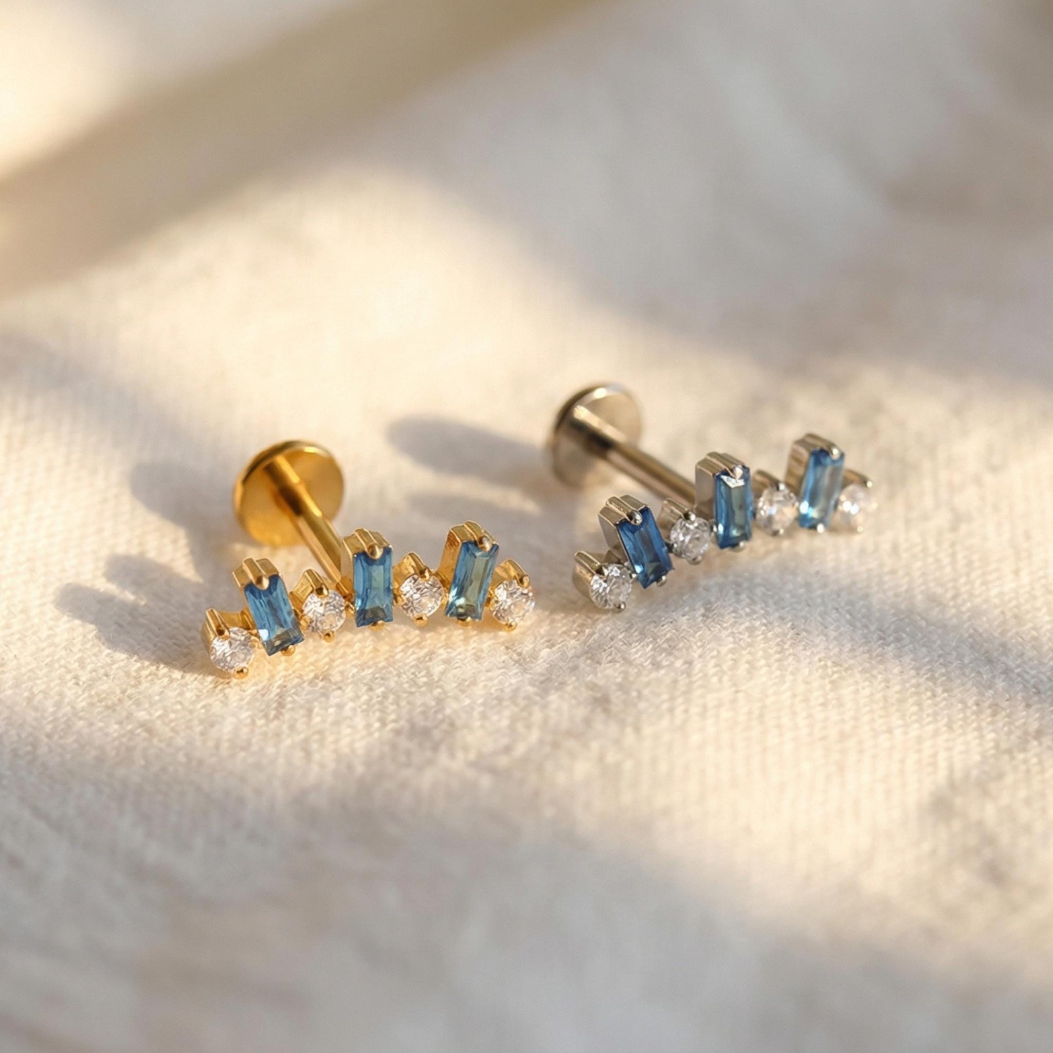 16G Titanium Baguette CZ Labret • Internally Threaded Flat Back Earring • Helix, Tragus & Cartilage Piercing Jewelry