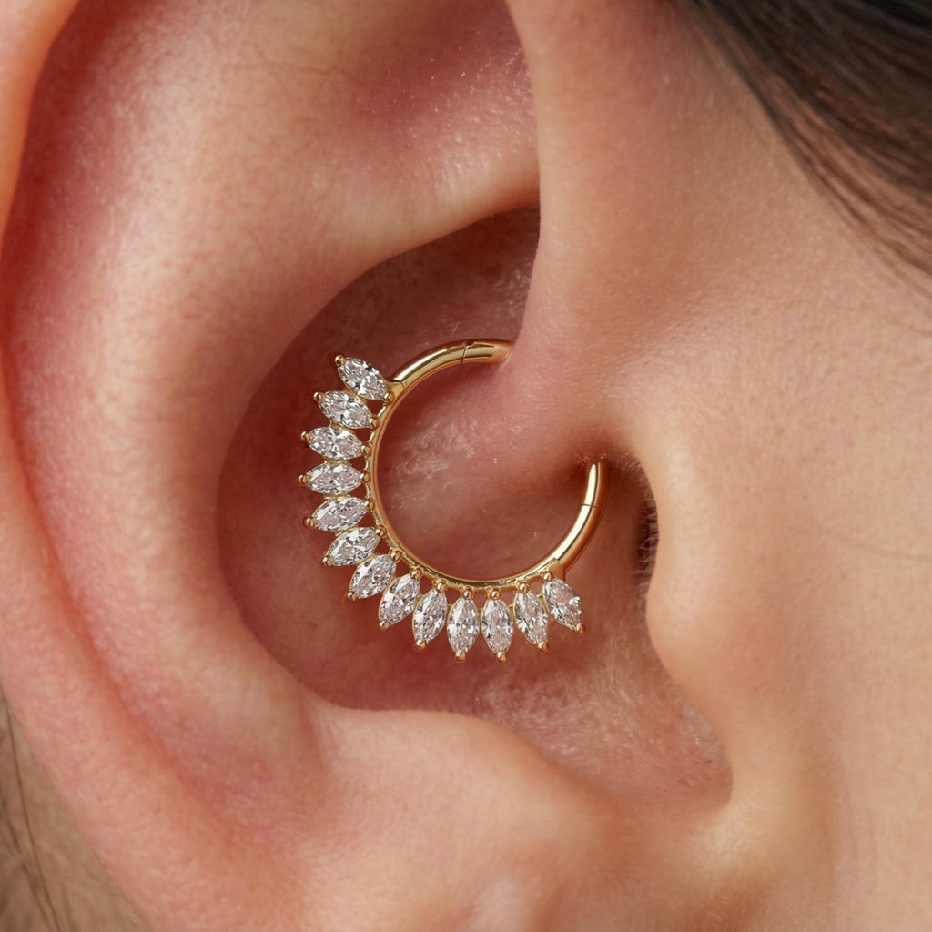 16G ASTM F136 Titanium Marquise Cluster Septum Clicker, Hinged Daith Hoop, Floral CZ Nose Ring, Hypoallergenic Cartilage Earring