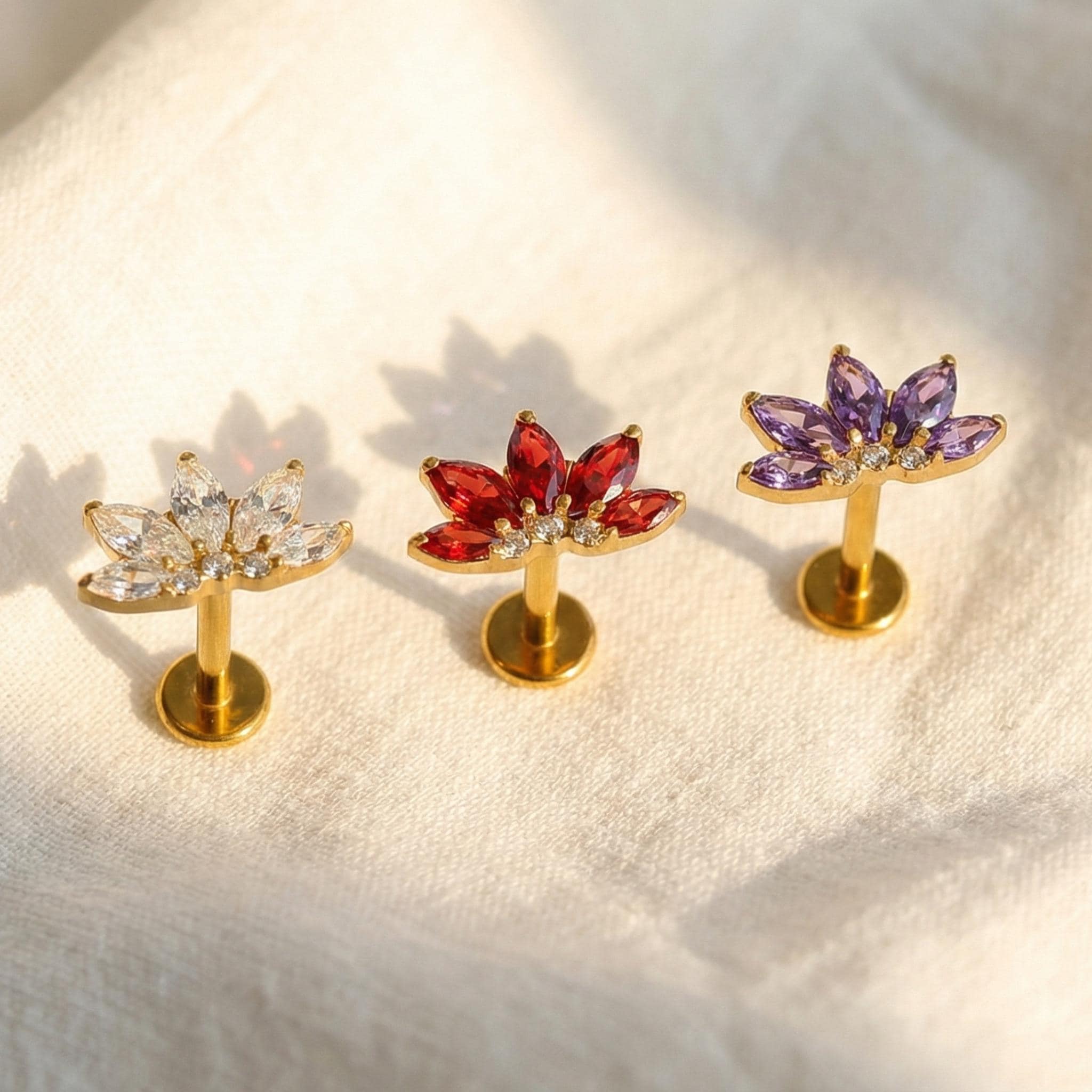 16G Gold Titanium Red Lotus Stud, Ruby Marquise CZ Fan Cartilage Earring, Flat Back Labret for Helix Conch, Hypoallergenic Piercing