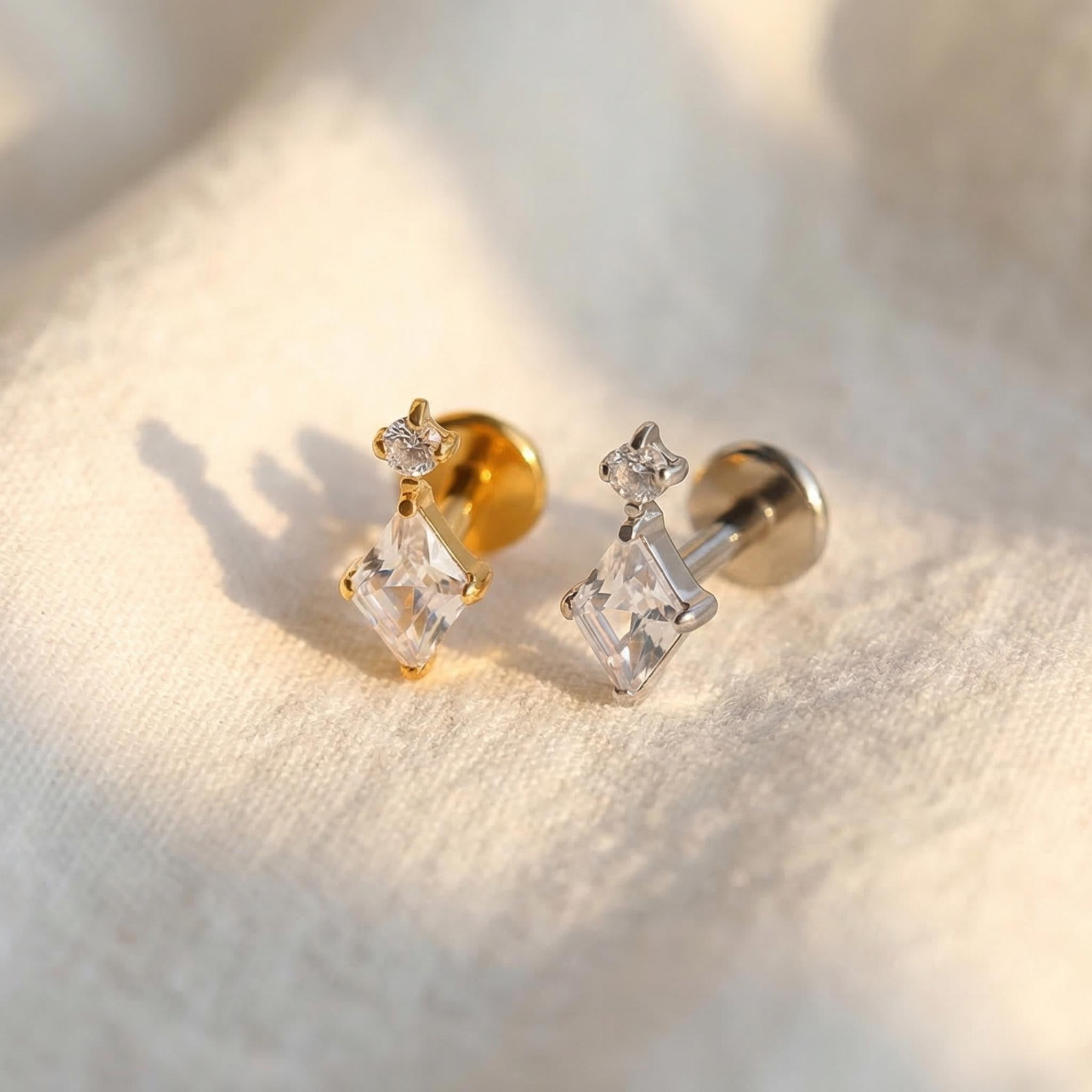 16G Titanium Geometric CZ Stud, Square Round Flat Back Labret, Cartilage Helix Earring, Hypoallergenic Conch Tragus Piercing