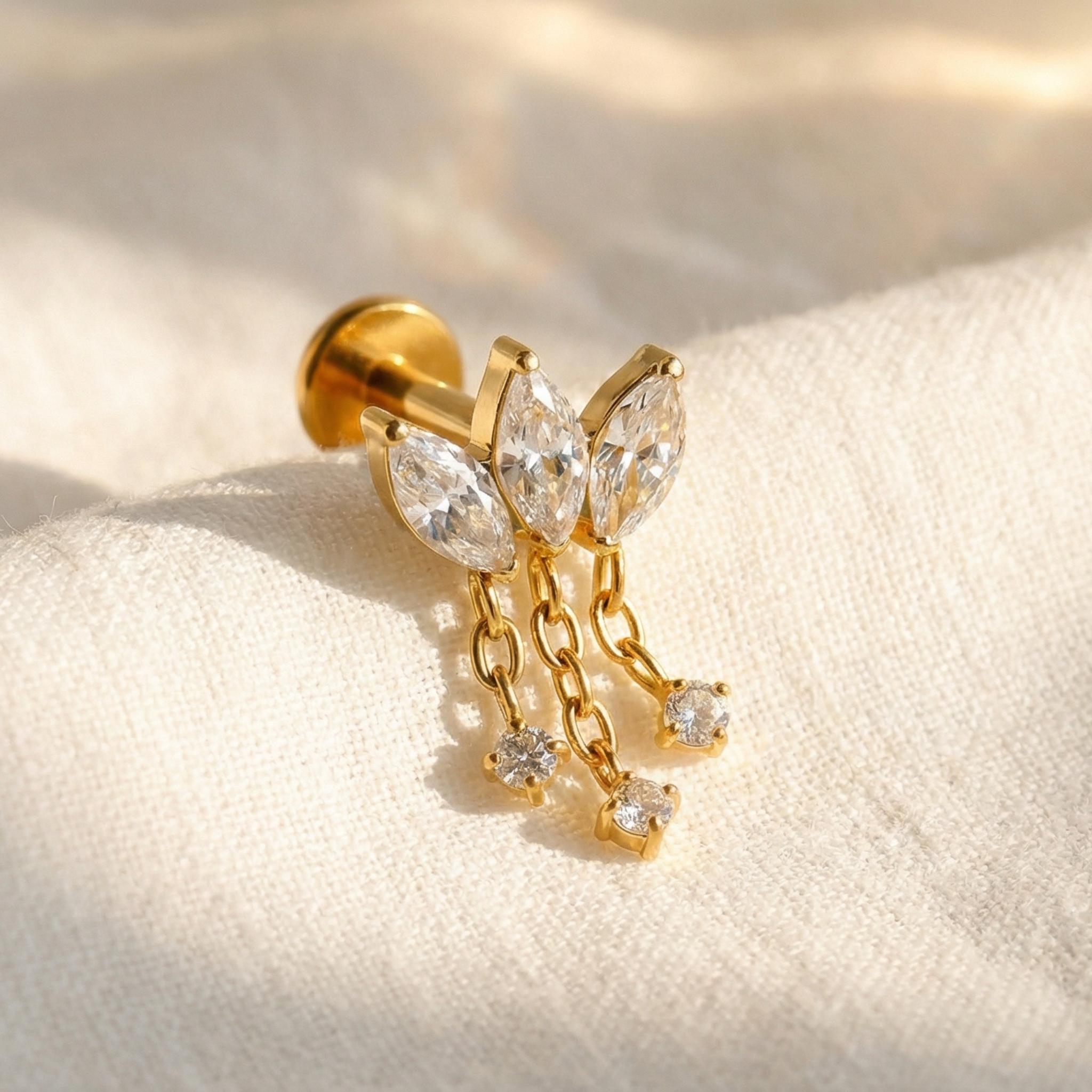 16G Titanium Lotus Flower Stud, CZ Dangle Chain Cartilage Earring, Triple Marquise Helix Conch Piercing, Hypoallergenic Flat Back Labret