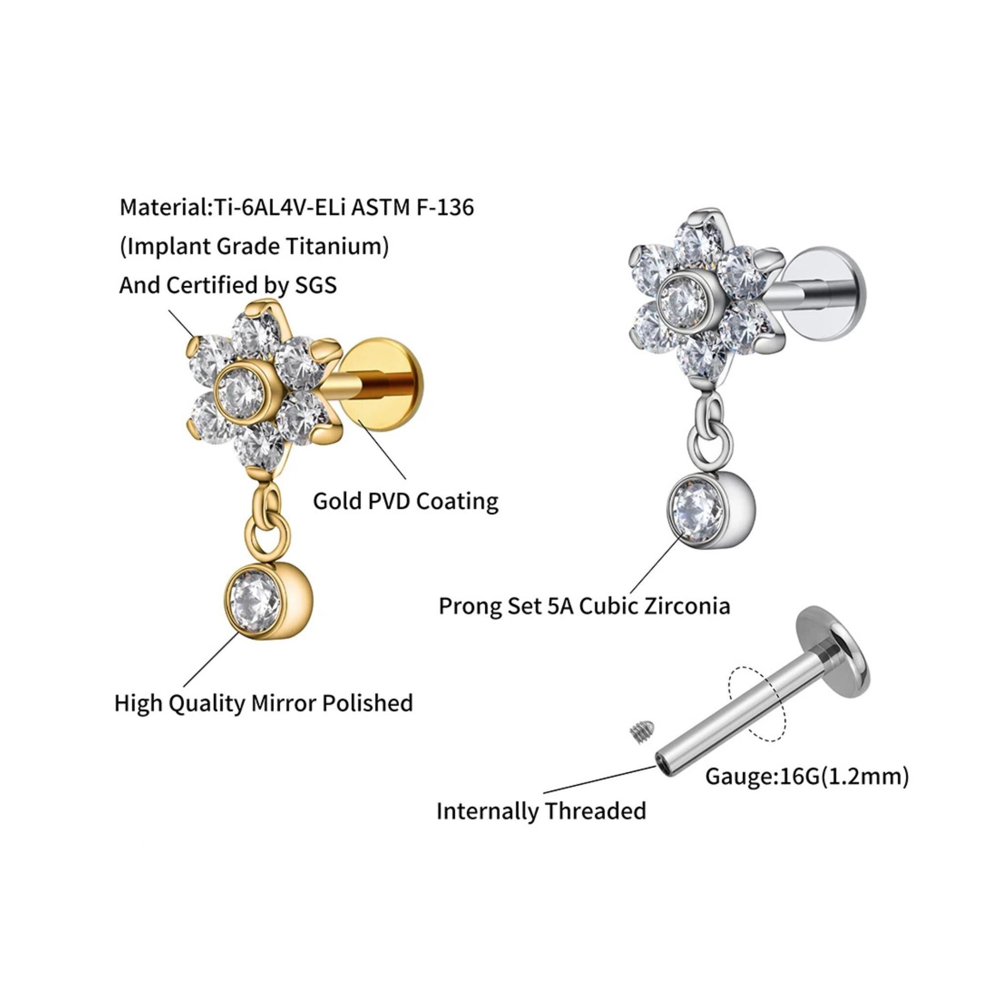 16G Titanium Flower Dangle Stud, CZ Drop Charm Flat Back Earring, Crystal Blossom Helix Tragus Lobe Piercing, Dainty Bridal Jewelry