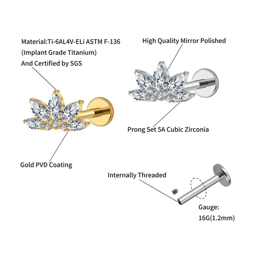 16G Titanium Lotus Flower Stud, Marquise CZ Fan Flat Back, Hypoallergenic Helix Tragus Conch Piercing, Floral Cartilage Jewelry