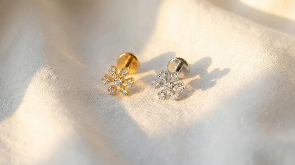 16G Titanium Snowflake Stud, Tiny CZ Winter Flat Back Earring, Threaded Helix Tragus Conch Piercing, Christmas Jewelry Gift