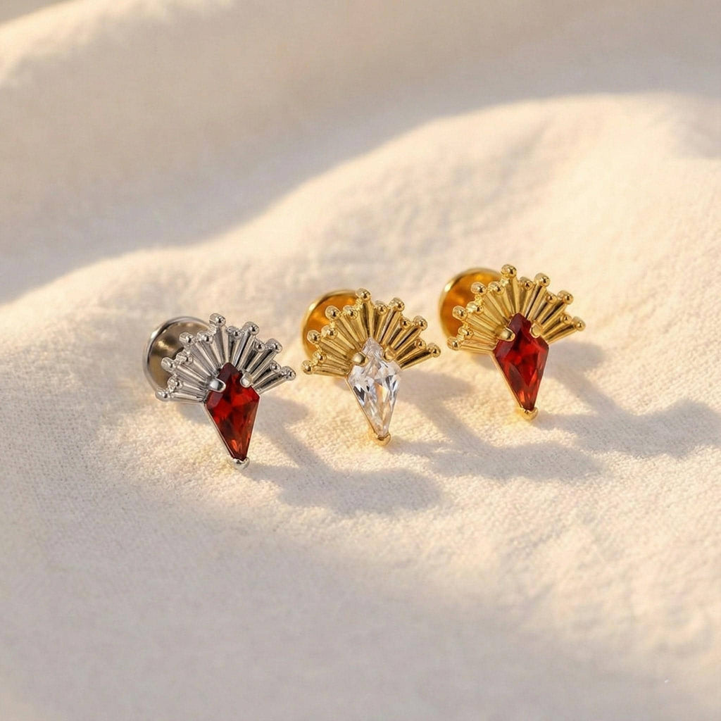 Titanium Kite Labret, 16G Garnet CZ Rhombus Stud, Flat Back Earring, Helix Conch Tragus Cartilage, Hypoallergenic