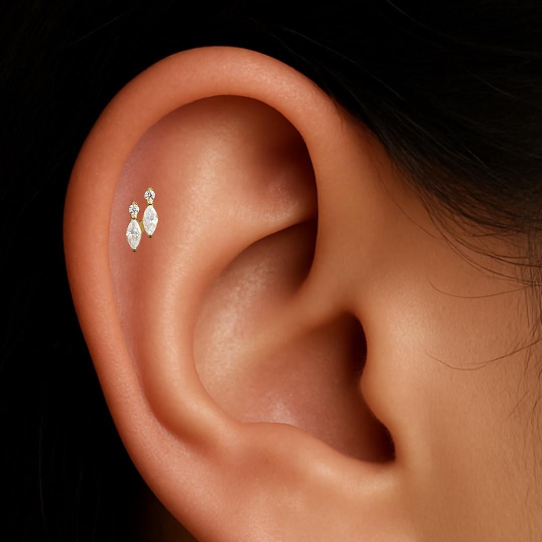 Titanium Double Marquise Fan Labret, 16G CZ Flat Back Stud, Tragus Helix Conch Cartilage Earring, Hypoallergenic