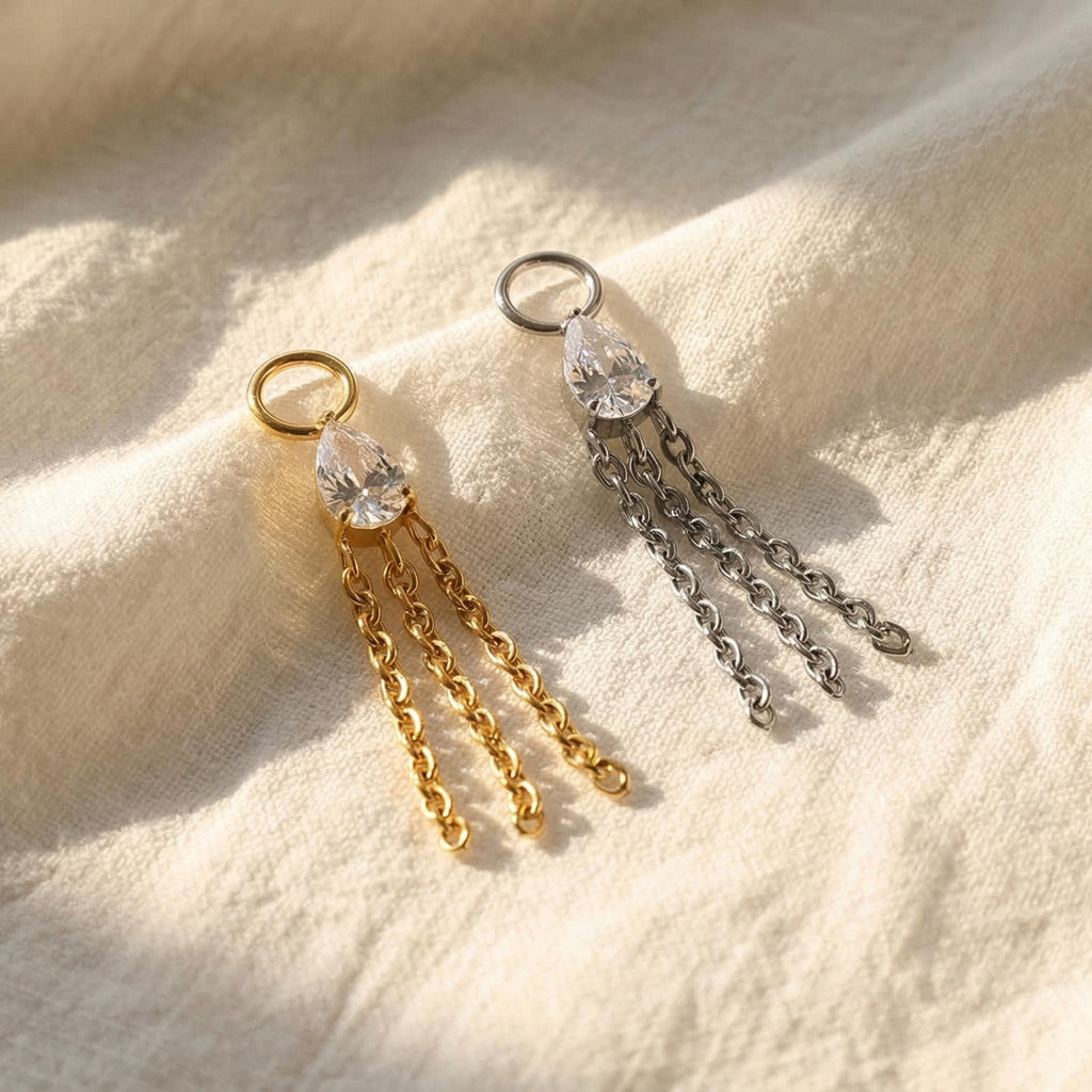 Titanium Piercing Chain Connector, Teardrop Moonstone CZ Charm, Dangle Cartilage Helix Accessory, Dainty Hoop Drop Earring Add-on