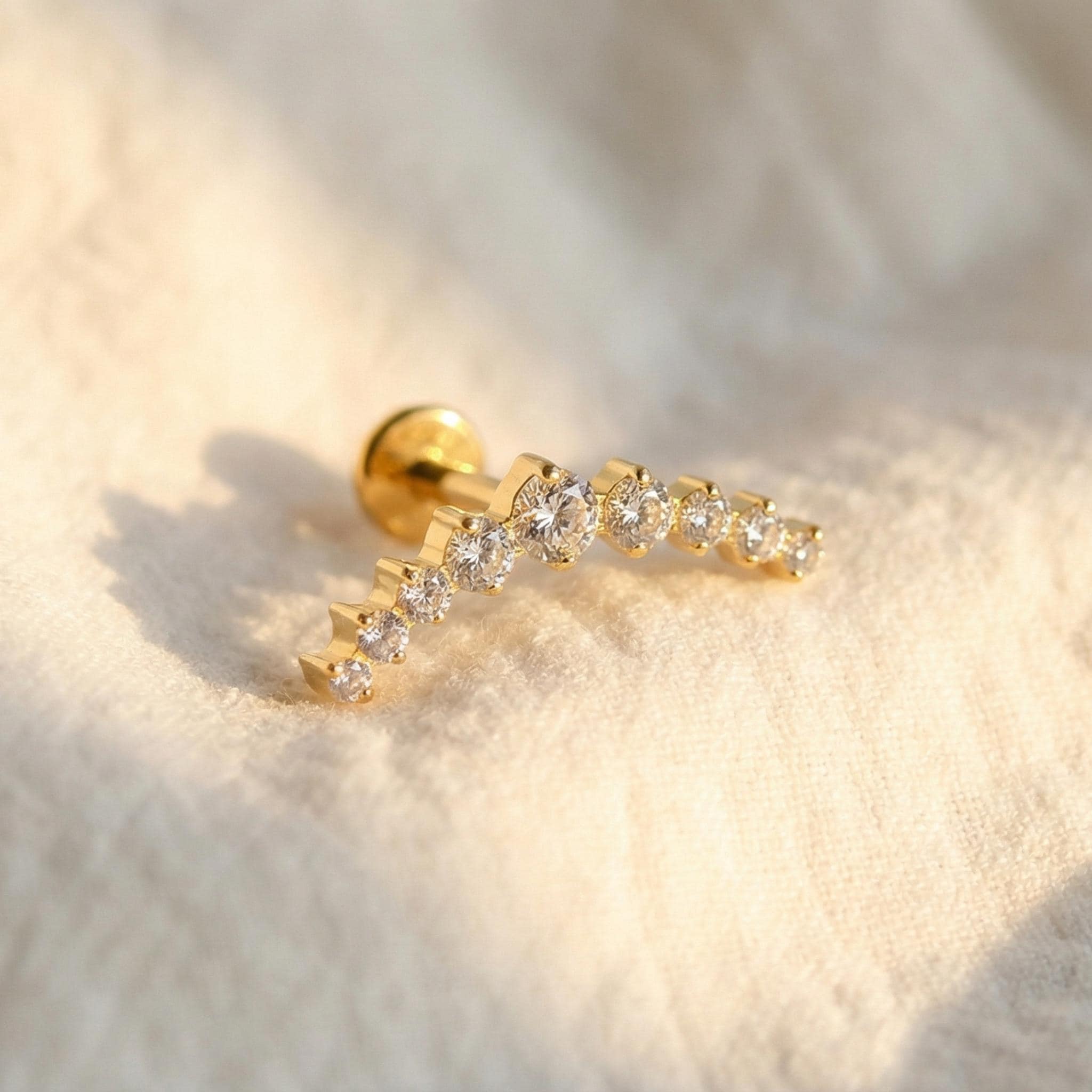 16G Titanium CZ Arc Cluster Stud, Curved Cartilage Labret, Flat Back Conch Helix Earring, Hypoallergenic Piercing Jewelry