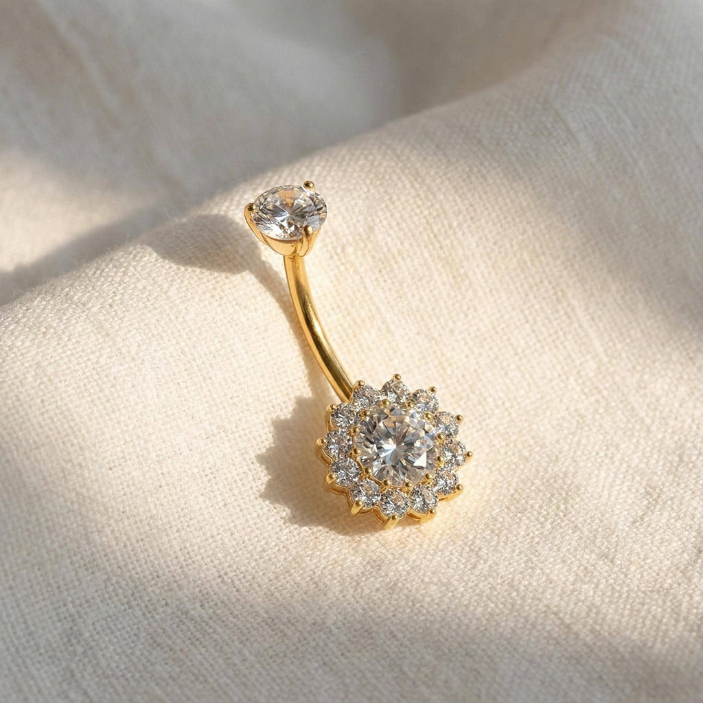 14G Titanium Halo Belly Ring, Opal Garnet CZ Navel Piercing, Luxurious Round Gem Body Jewelry, Curved Barbell ASTM F136