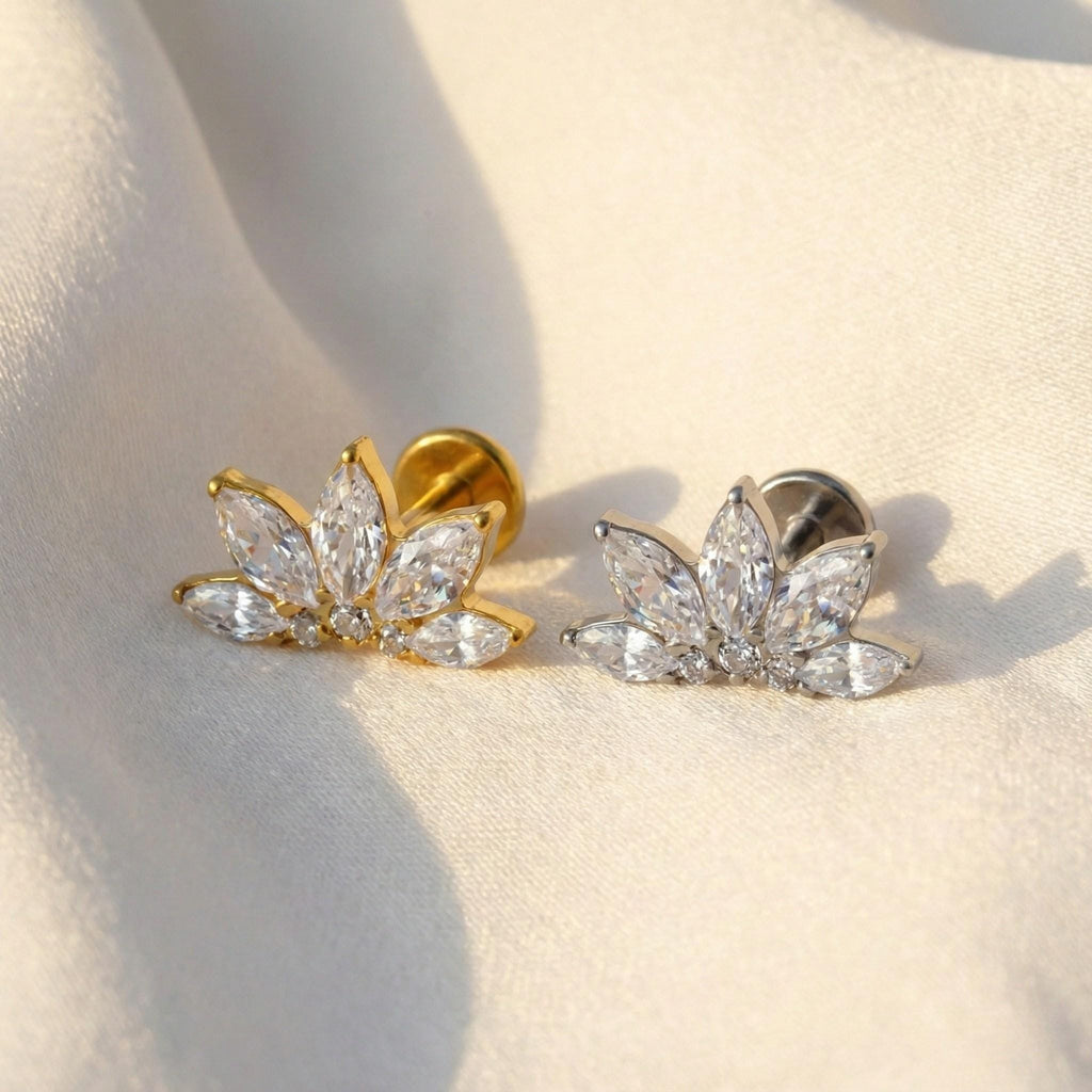 16G Titanium Lotus Flower Stud, Marquise CZ Fan Flat Back, Hypoallergenic Helix Tragus Conch Piercing, Floral Cartilage Jewelry