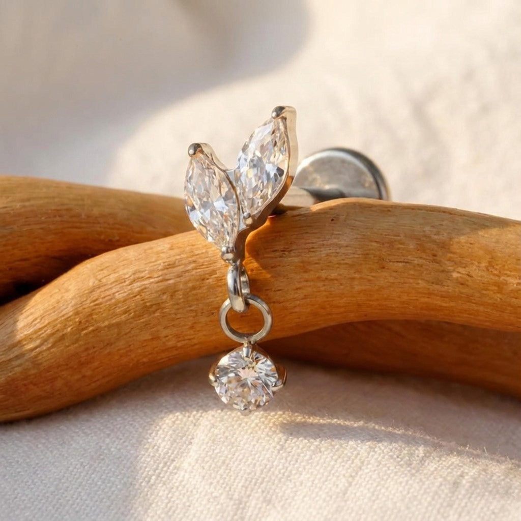 16G Titanium Marquise Dangle Internally Threaded Labret • Flat Back Helix, Tragus & Cartilage Stud Piercing Jewelry