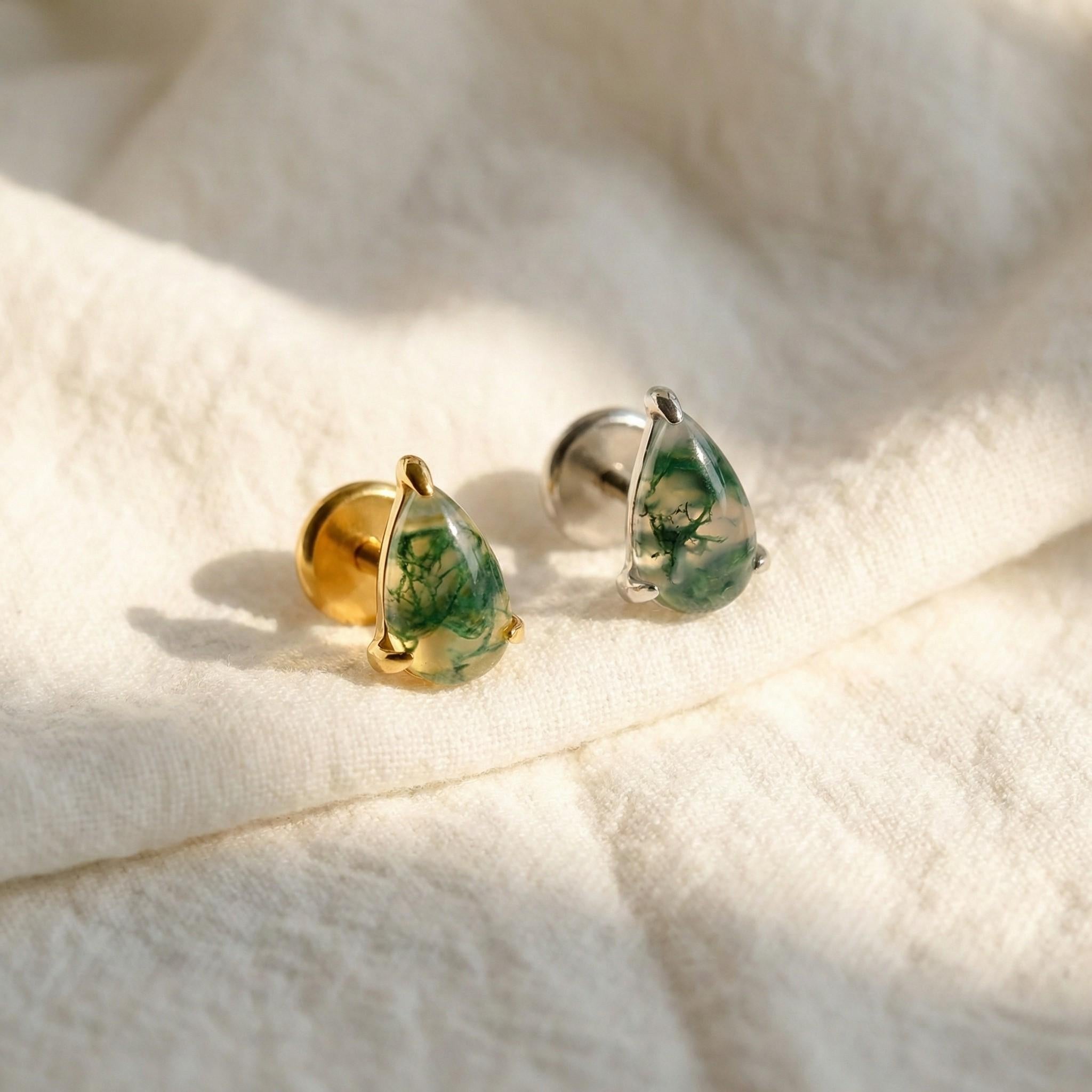 16G Titanium Pear Moss Agate Stud, Natural Stone Flat Back Labret, Teardrop Helix Tragus Earring, Hypoallergenic Cartilage Piercing