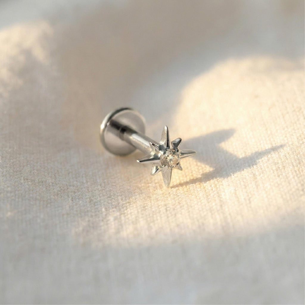 16G Titanium North Star Stud, CZ Starburst Flat Back Earring, Sparkly Helix Tragus Conch Piercing, Hypoallergenic Celestial Labret