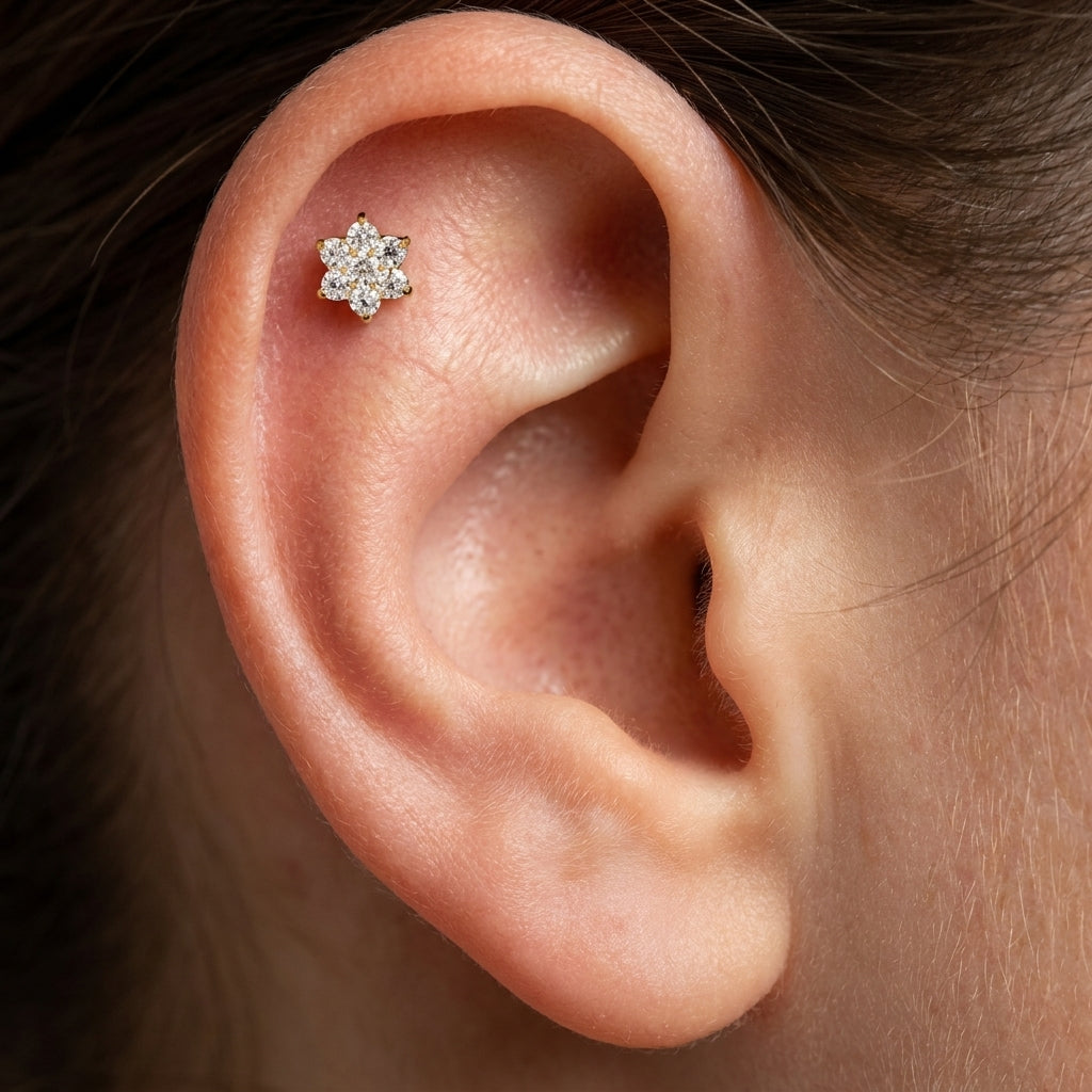 Close-up of the CZ (cubic zirconia) flat-back labret stud for forward helix, tragus and conch piercings, showing the finish detail