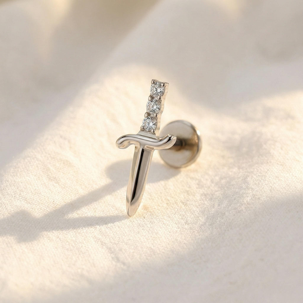 16G Titanium Sword Stud, CZ Dagger Flat Back Earring, Tiny Poniard Helix Tragus Conch Piercing, Edgy Weapon Jewelry, Lip Labret