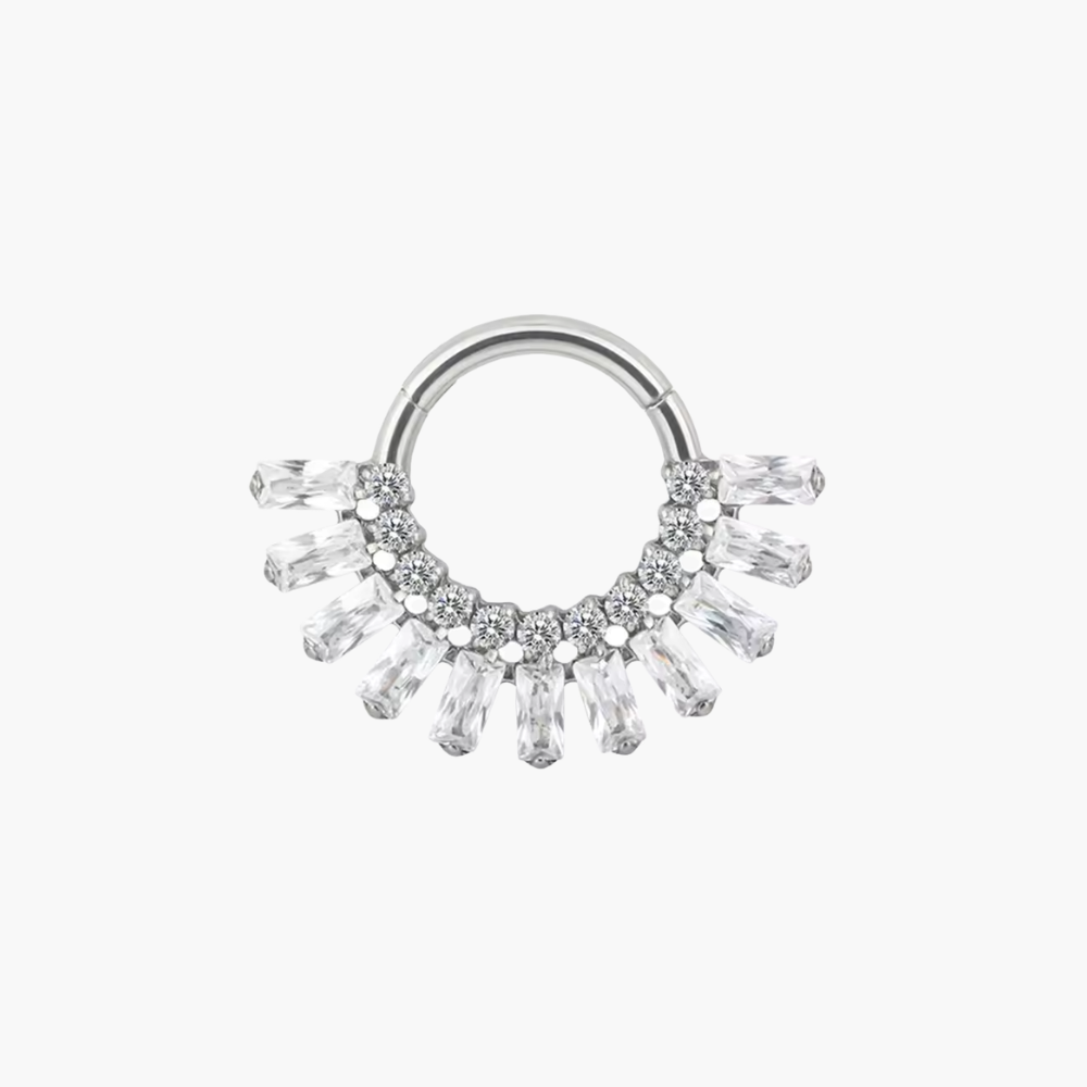 16G Titanium Sunburst Septum Clicker, Baguette CZ Daith Hoop, Crown Cartilage Earring, Radiant Hinged Segment Ring, ASTM F136
