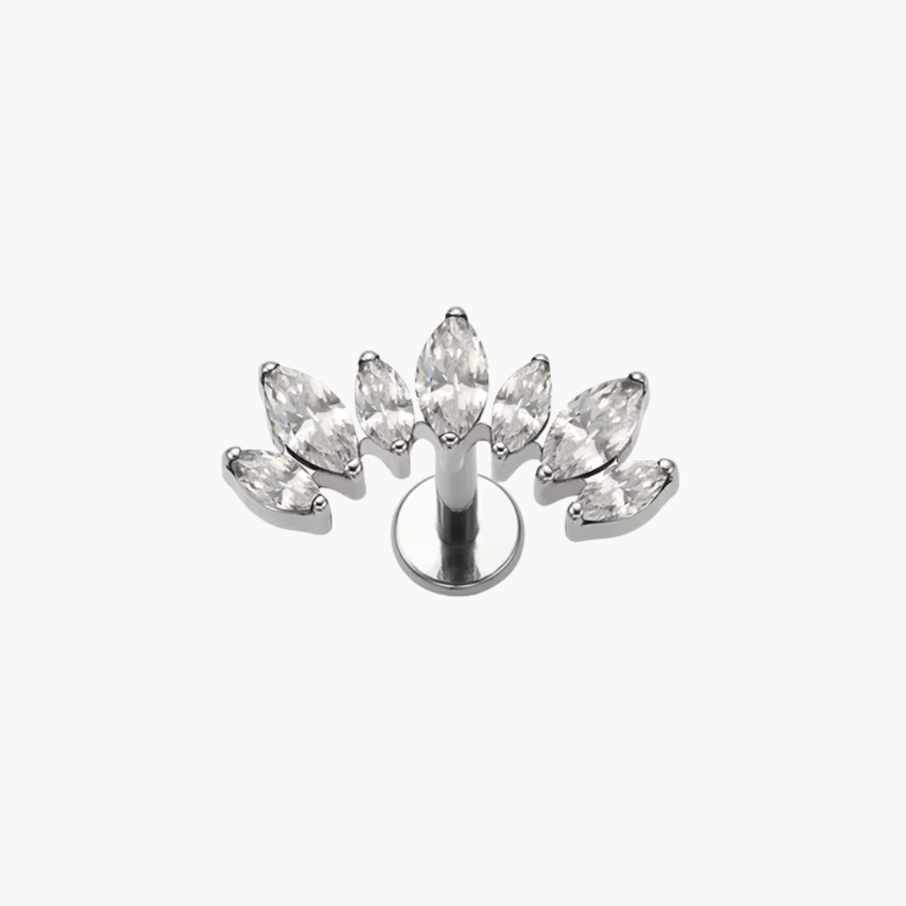 Implant-grade titanium (ASTM F136) curved marquise CZ ear climber stud for helix and tragus piercings