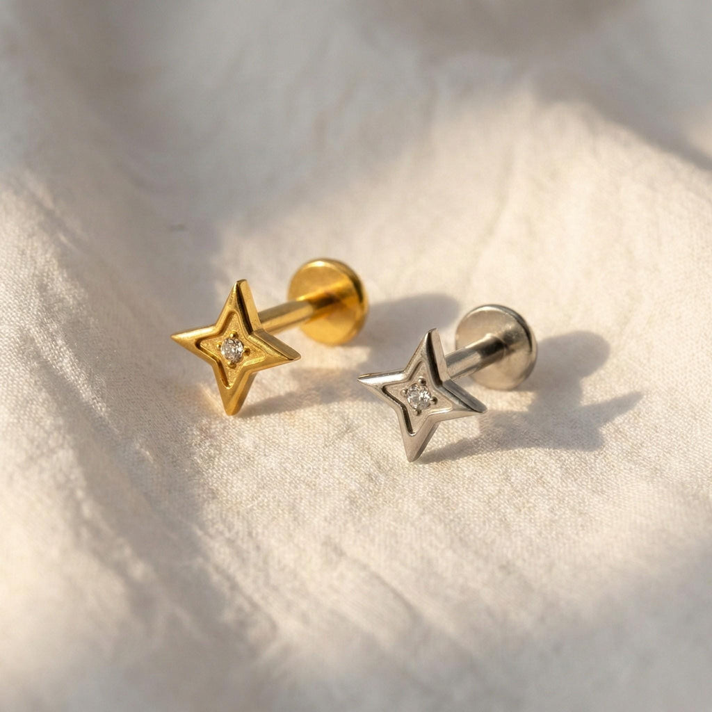 16G Titanium North Star Stud, CZ Four Point Star Flat Back, Internally Threaded Lip Medusa Monroe Ring, Helix Tragus Cartilage