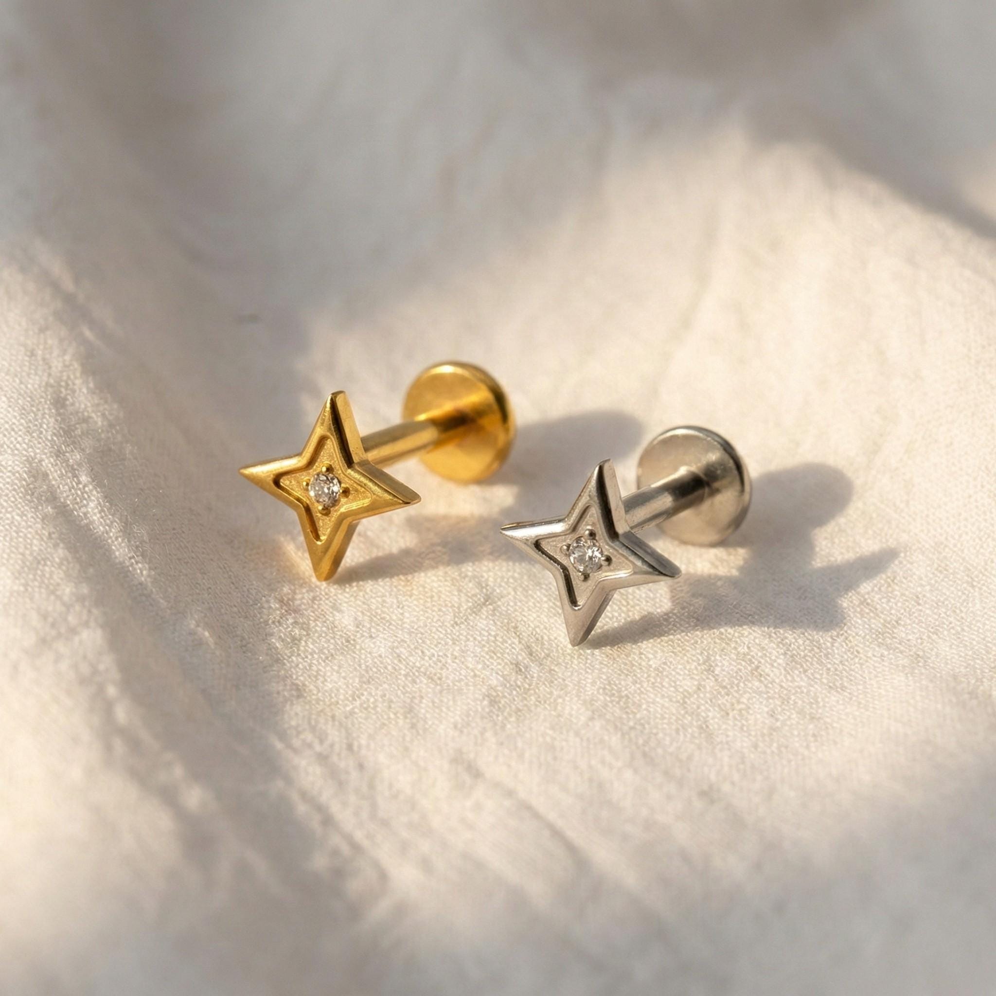 16G Titanium North Star Stud, CZ Four Point Star Flat Back, Internally Threaded Lip Medusa Monroe Ring, Helix Tragus Cartilage