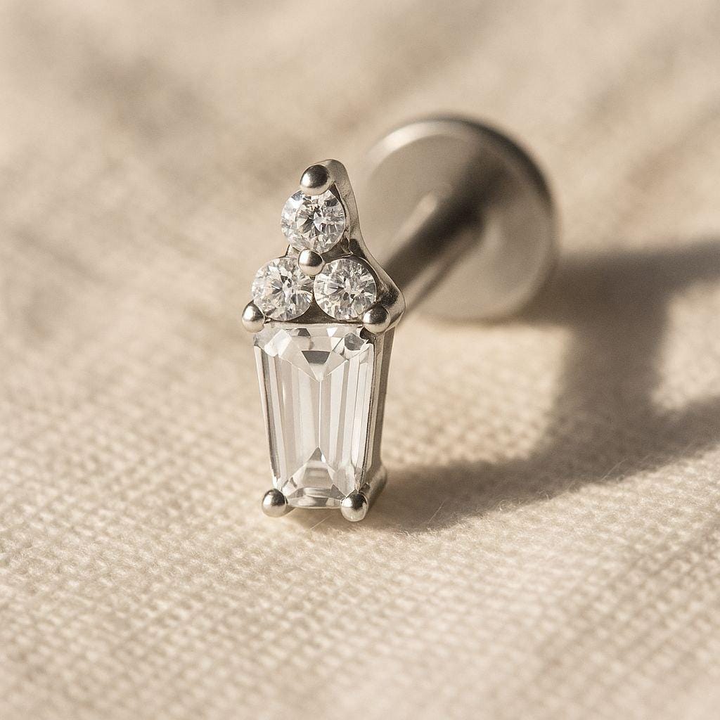 16G Titanium Mini Baguette & Round CZ Stud • Dainty Flat Back Earring for Helix, Cartilage, Tragus/Nose Piercings