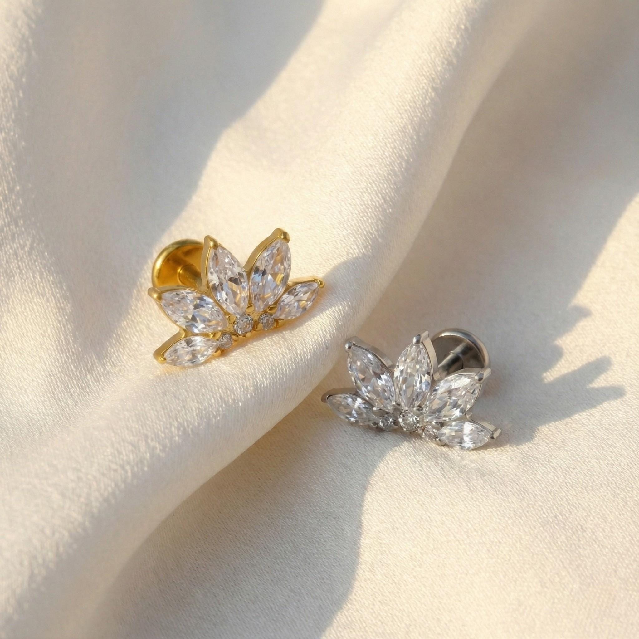 16G Titanium Lotus Flower Stud, Marquise CZ Fan Flat Back, Hypoallergenic Helix Tragus Conch Piercing, Floral Cartilage Jewelry
