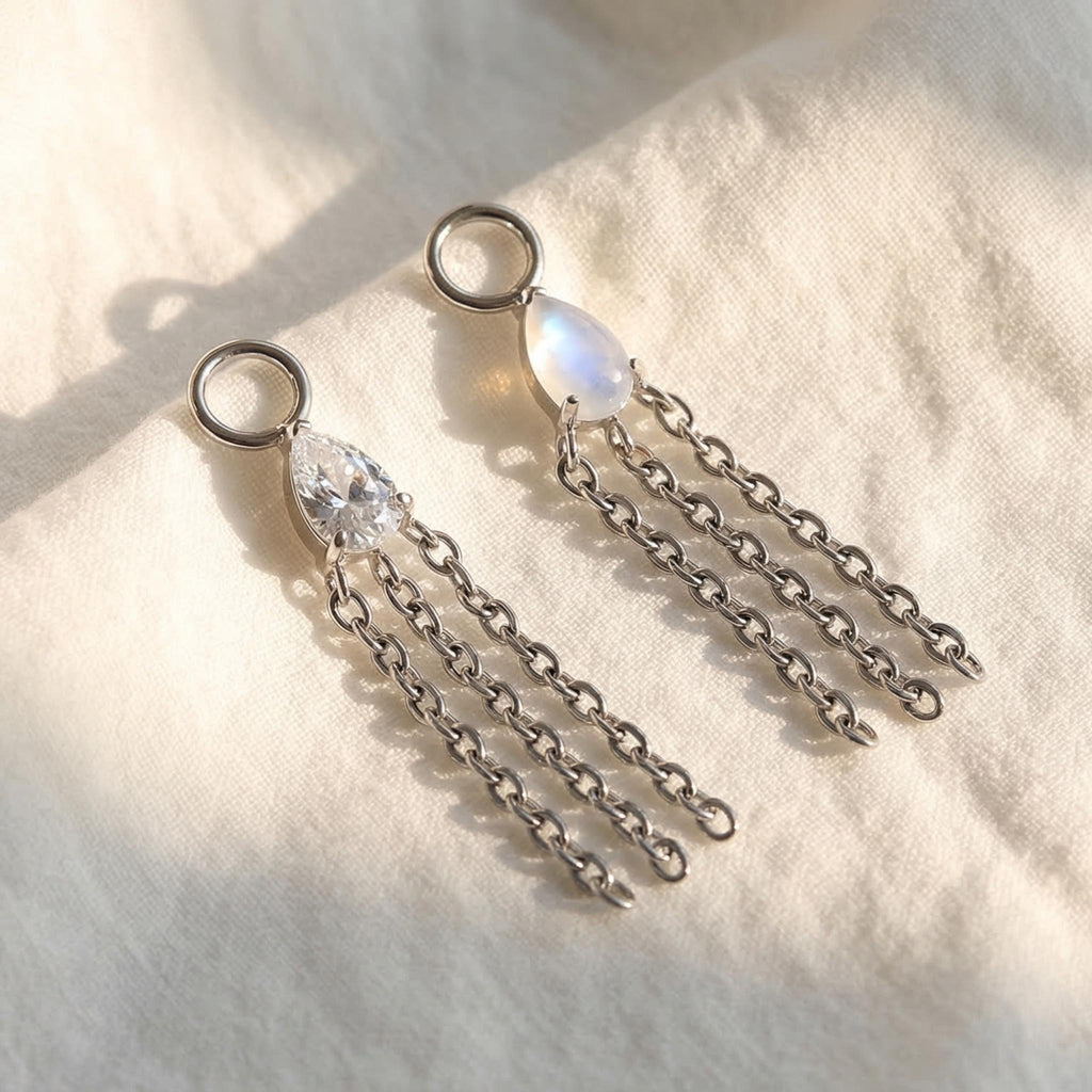 Titanium Piercing Chain Connector, Teardrop Moonstone CZ Charm, Dangle Cartilage Helix Accessory, Dainty Hoop Drop Earring Add-on