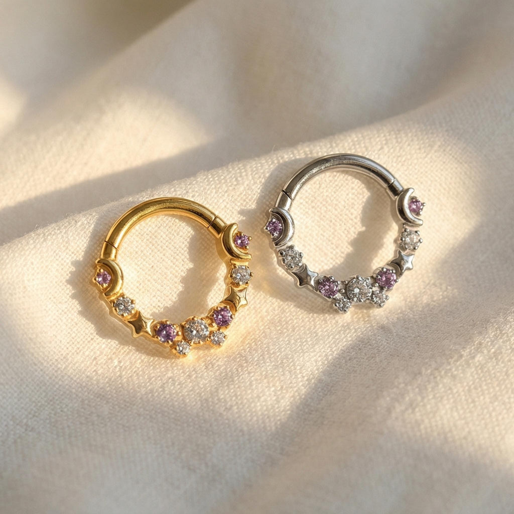 16G Titanium Moon and Star Septum Clicker, Celestial CZ Daith Hoop, Hinged Segment Ring, Hypoallergenic Cartilage Earring