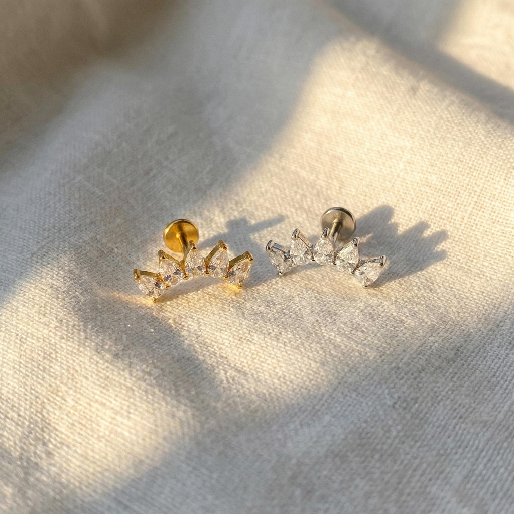 16G Titanium Pear Fan Stud, CZ Crown Flat Back Earring, Crystal Cluster Helix Tragus Conch Piercing, Bridal Cartilage Jewelry