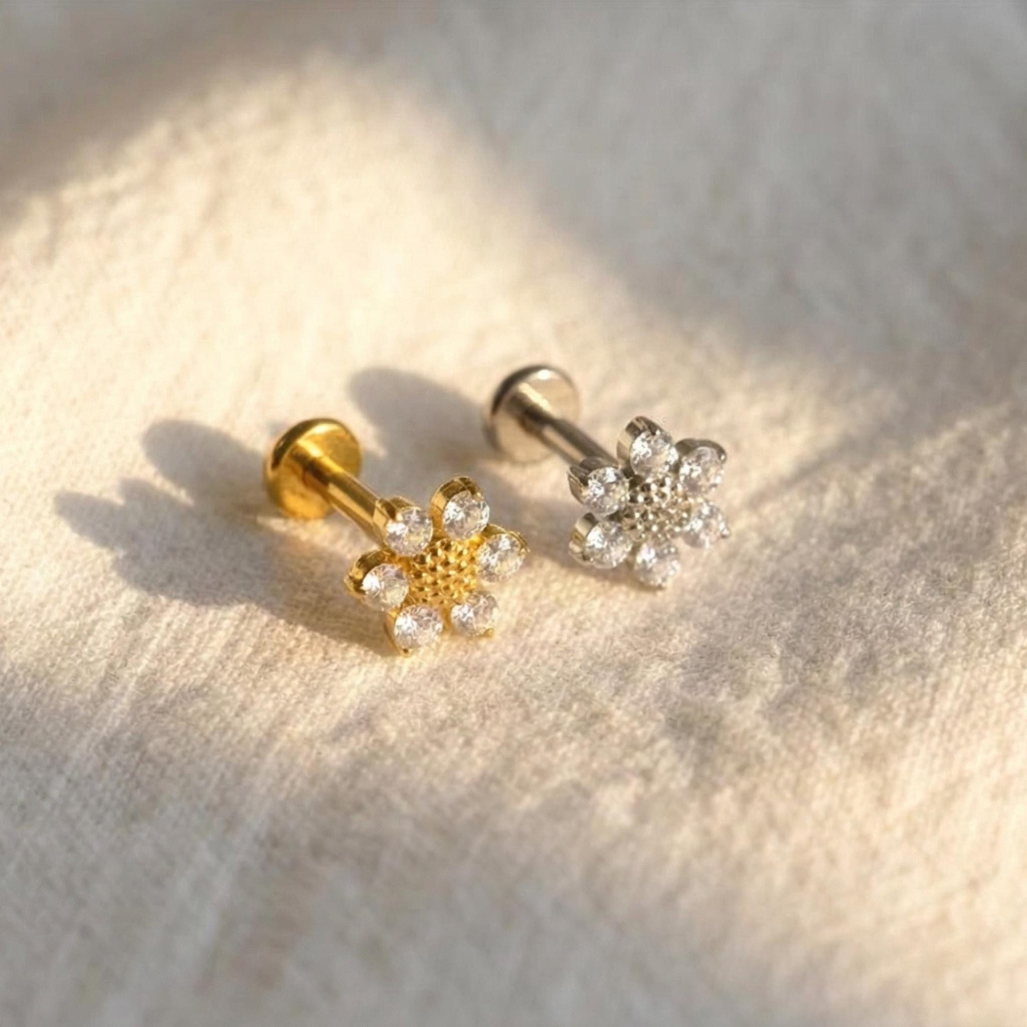 16G Titanium Mini Sunflower Stud, Dainty CZ Floral Cartilage Earring, Flat Back Helix Conch Piercing, Hypoallergenic Labret