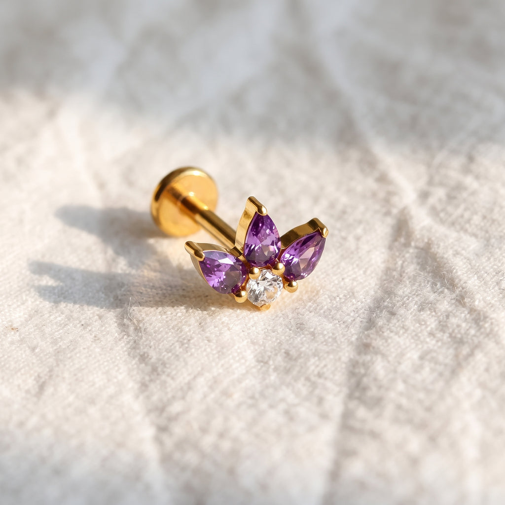 Triple Pear Fan Stud – Titanium CZ Trinity Lotus Earring