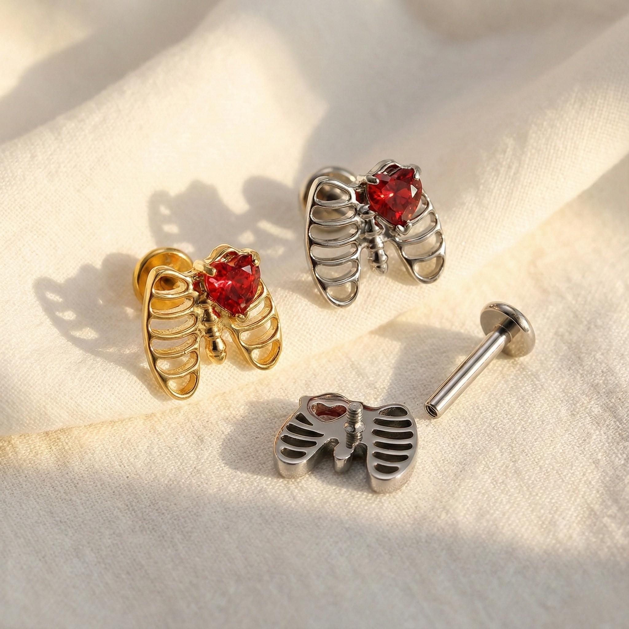 16G Titanium Rib Cage Stud, CZ Heart Skeleton Flat Back, Gothic Helix Tragus Earring, Spooky Anatomy Cartilage Jewelry