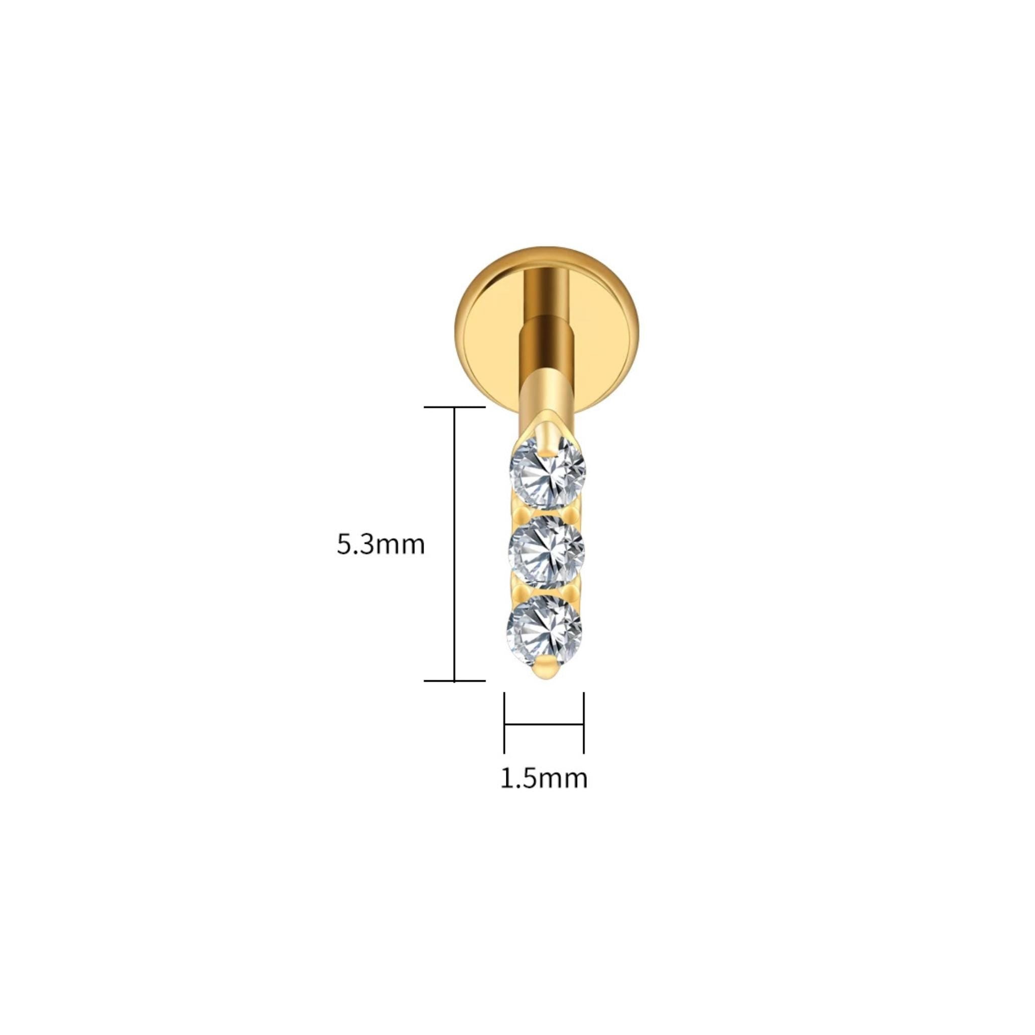 16G Titanium Triple CZ Bar Stud, Tiny Flat Back Labret, Minimalist Cartilage Helix Earring, Tragus Lip Piercing