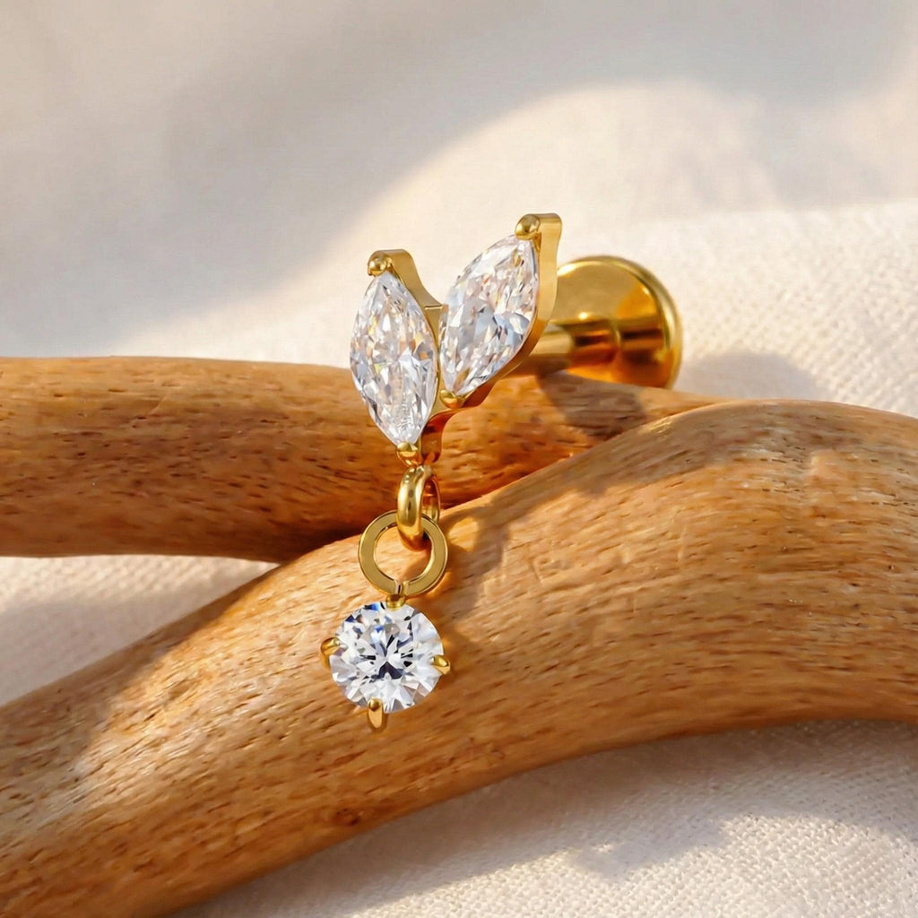 16G Titanium Marquise Dangle Internally Threaded Labret • Flat Back Helix, Tragus & Cartilage Stud Piercing Jewelry