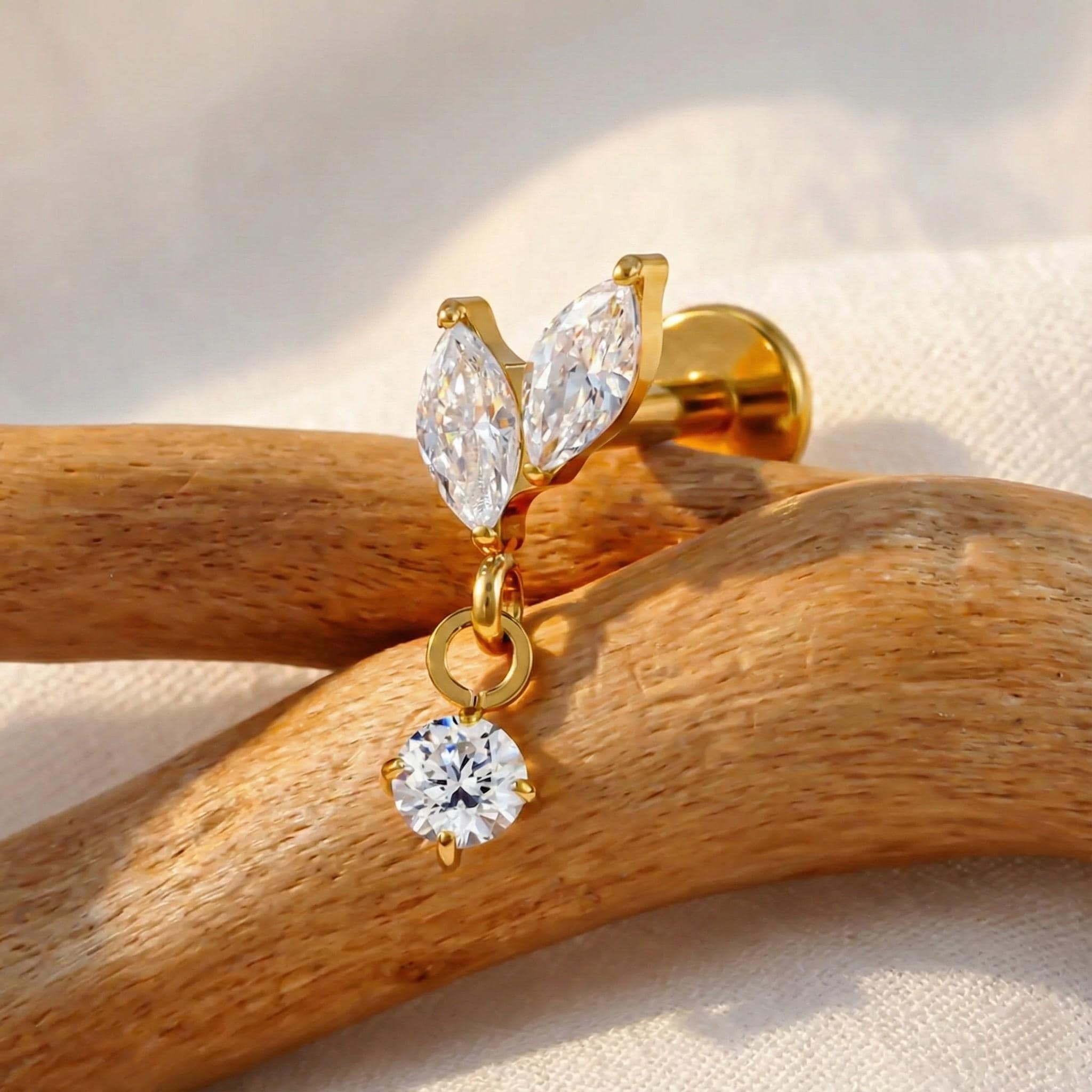 16G Titanium Marquise Dangle Internally Threaded Labret • Flat Back Helix, Tragus & Cartilage Stud Piercing Jewelry