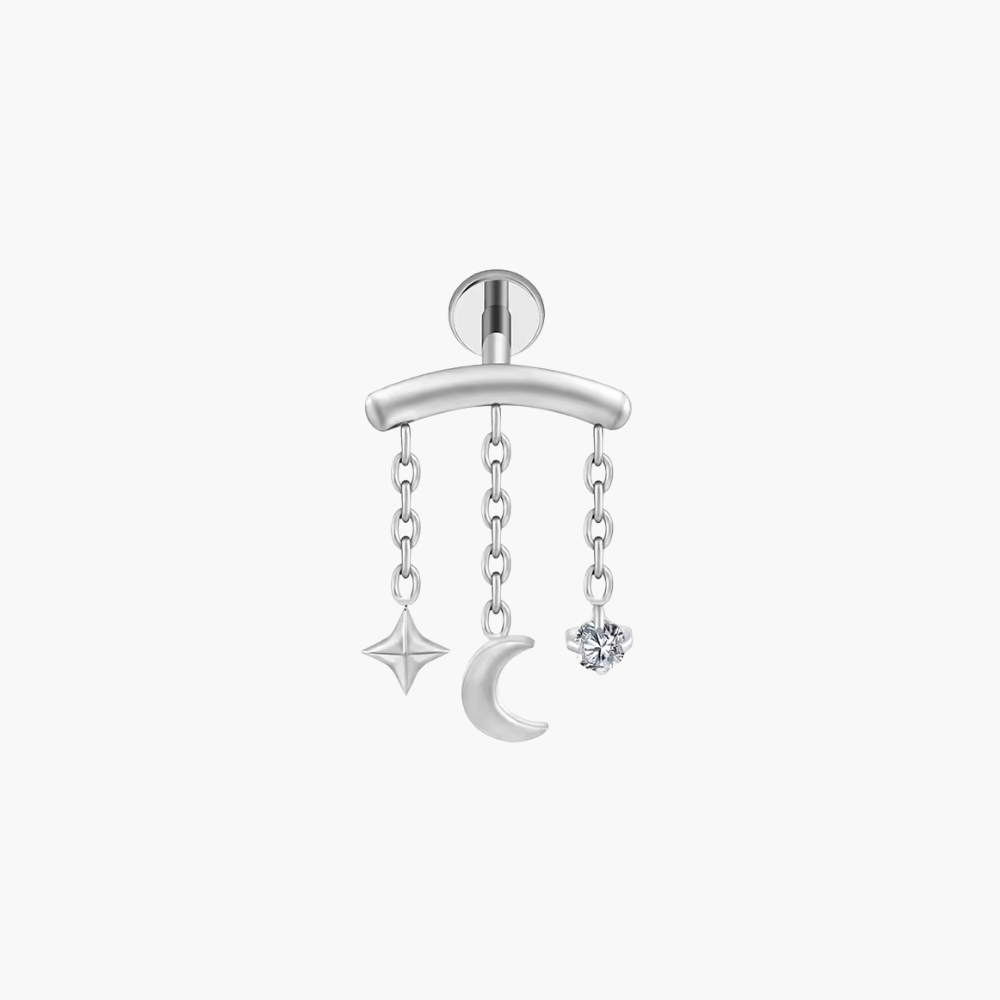 Star Moon Celestial Chain Helix Stud – Titanium Floating Dangle Earring