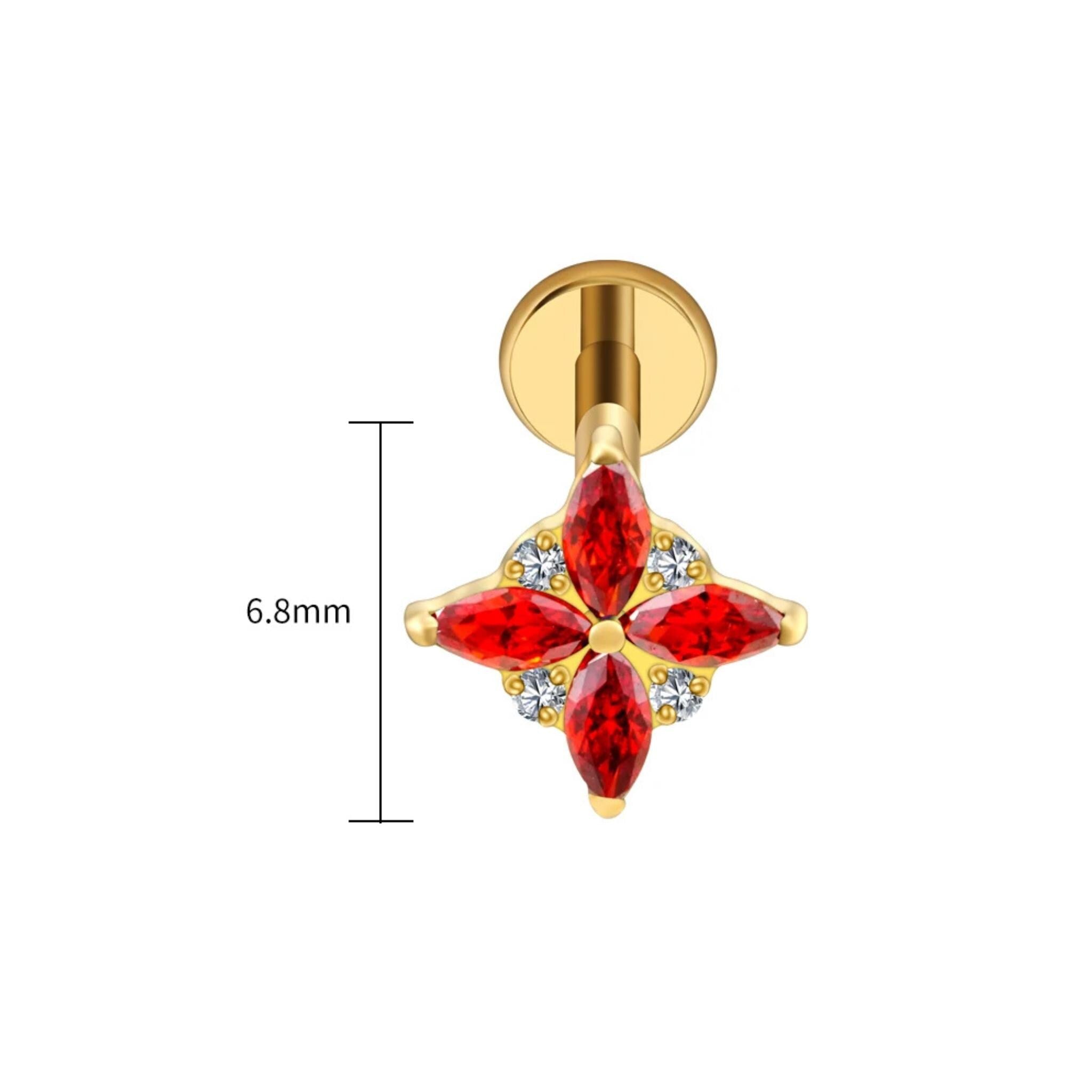 16G Gold Titanium Red CZ Stud, Garnet Marquise Lotus Fan Earring, 4-Petal Star Helix Piercing, Flat Back Cartilage Conch Labret