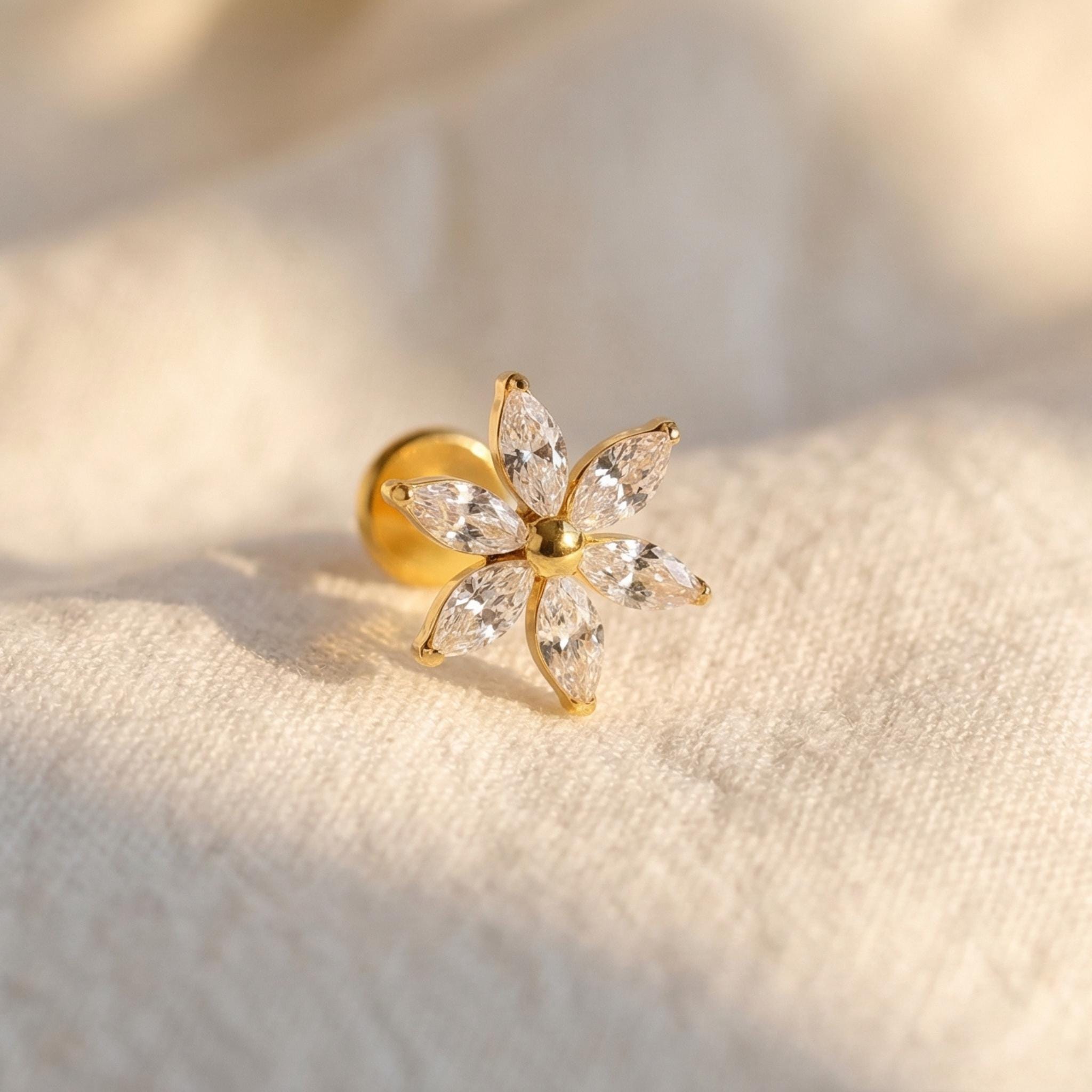 16G Titanium Marquise Flower Labret, CZ Floral Cartilage Stud, Flat Back Tragus Helix Conch Piercing, Hypoallergenic Jewelry