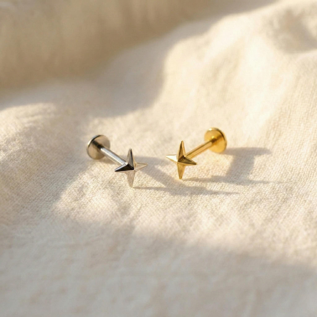 16G Titanium Four Point Star Stud, Solid North Star Flat Back, Minimalist Helix Tragus Conch Earring, Tiny Nose Piercing Labret