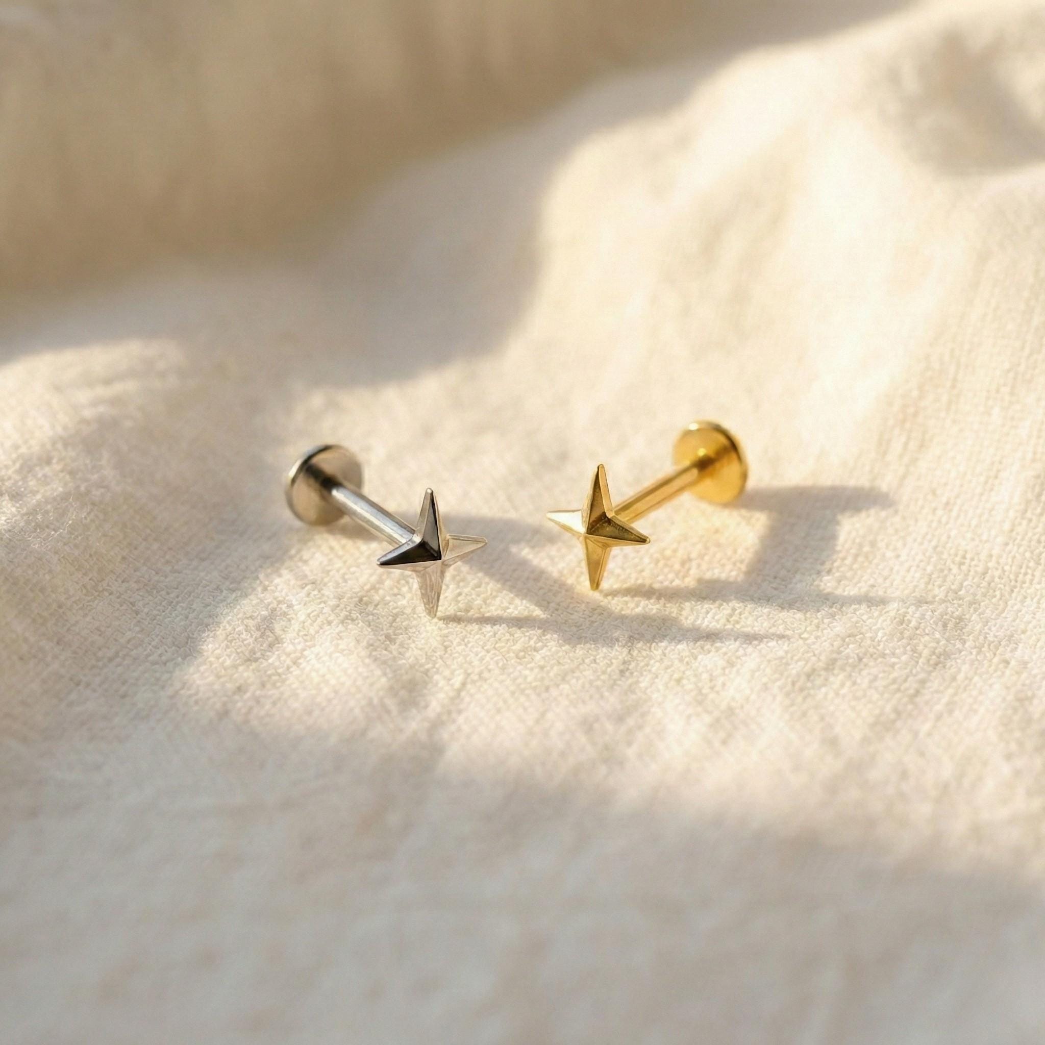 16G Titanium Four Point Star Stud, Solid North Star Flat Back, Minimalist Helix Tragus Conch Earring, Tiny Nose Piercing Labret