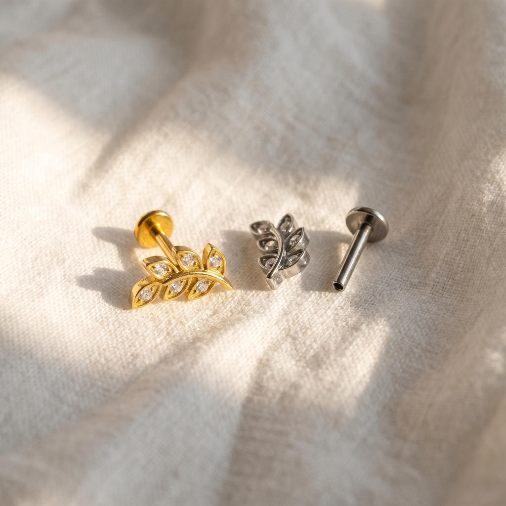 16G Titanium Micro Leaf Labret Stud, Dainty CZ Cartilage Earring, Flat Back Tragus Helix Piercing, Monroe Lip Jewelry, ASTM F136