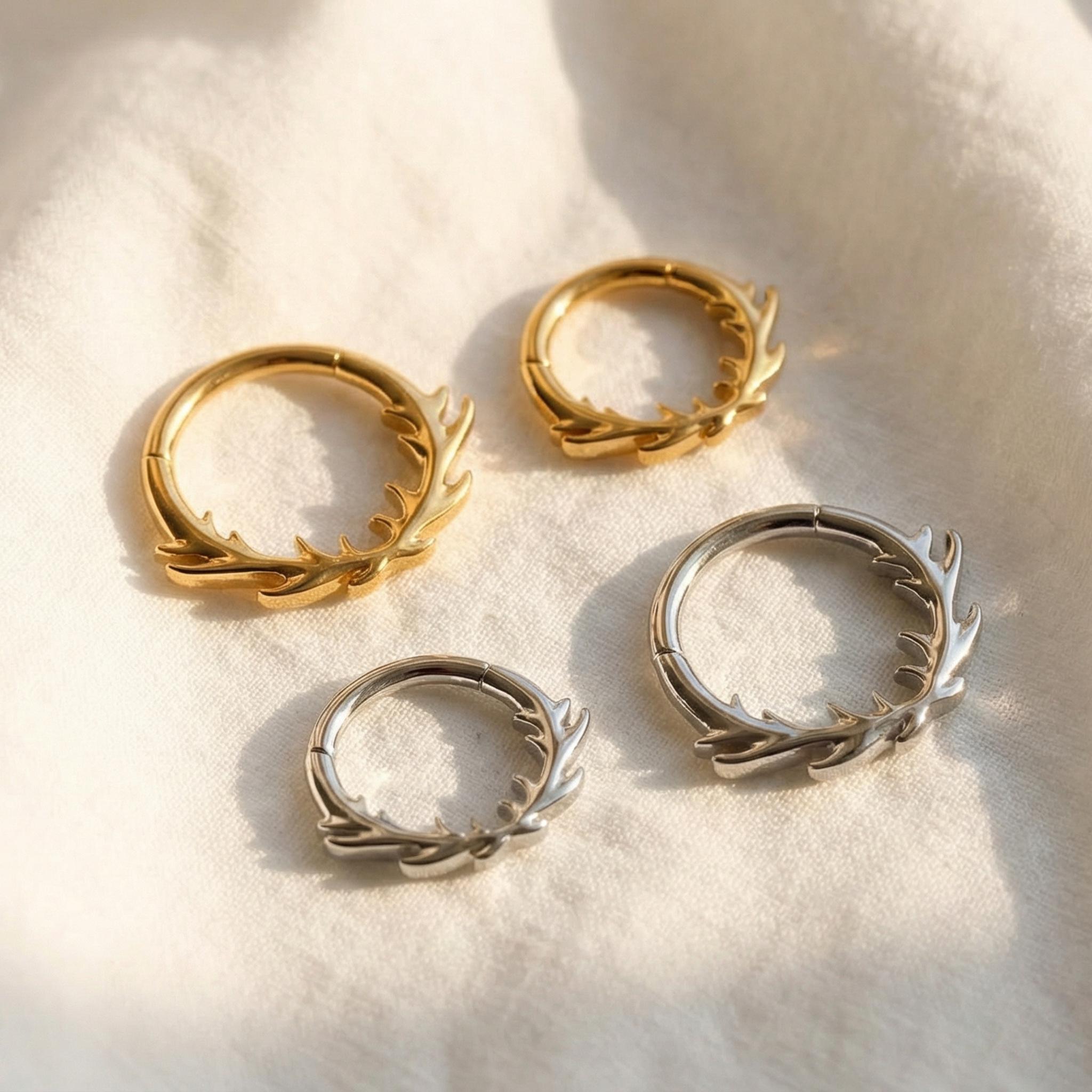 16G Titanium Branch Septum Clicker, Leaf Daith Hoop 8mm 10mm, Botanical Hinged Ring, Hypoallergenic Cartilage Piercing