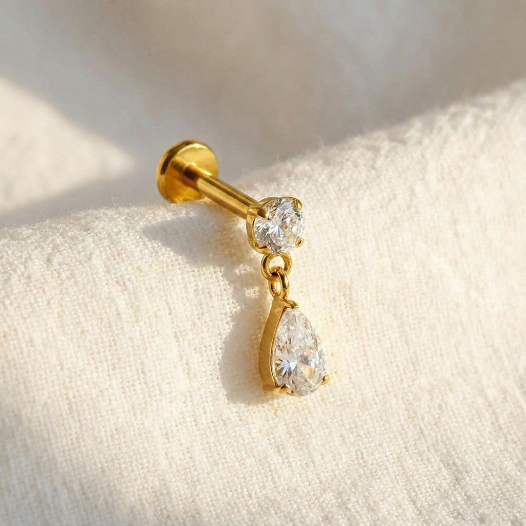 16G Titanium Teardrop Dangle Stud, Waterdrop CZ Flat Back Labret, Helix Tragus Cartilage Earring, Hypoallergenic Drop Piercing
