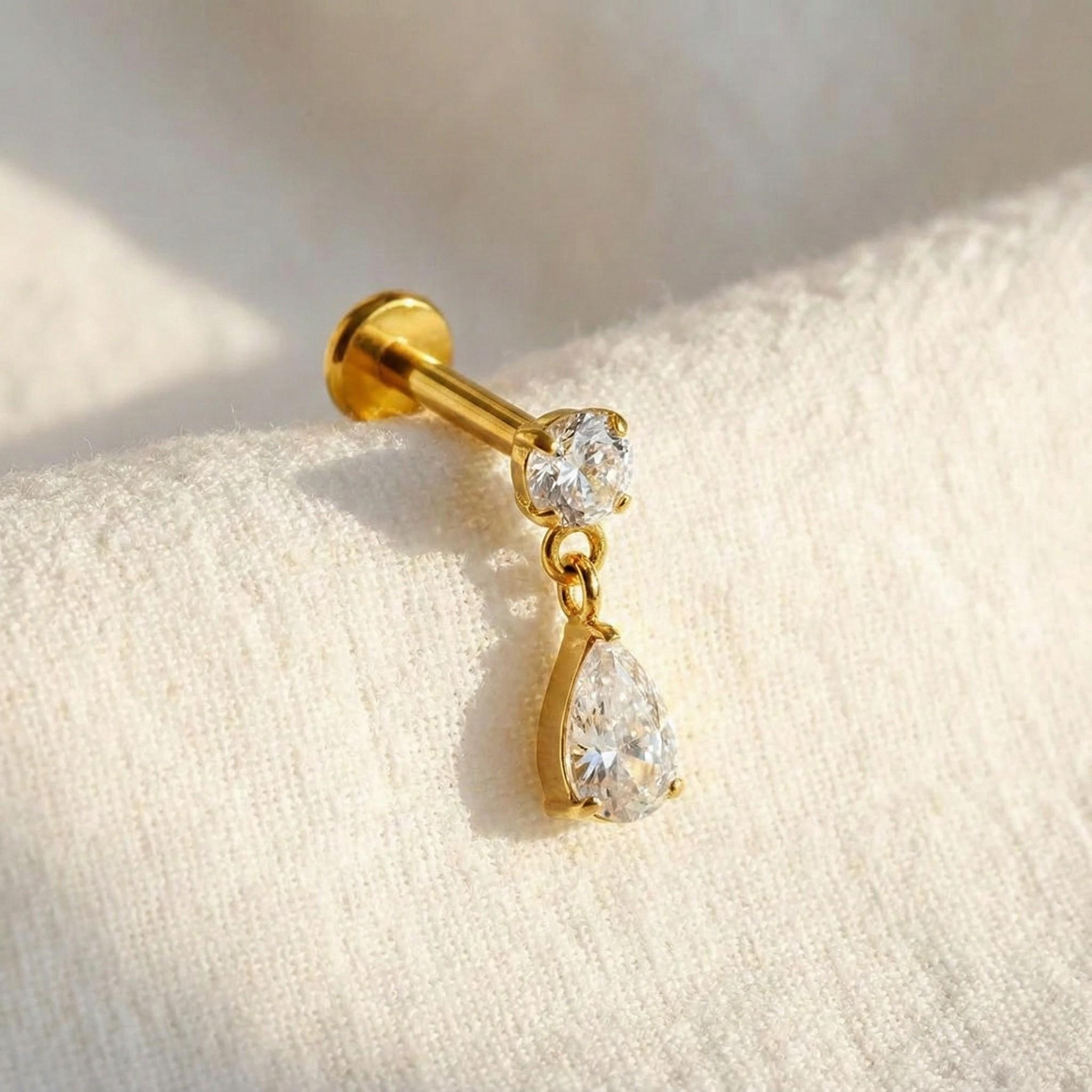 16G Titanium Teardrop Dangle Stud, Waterdrop CZ Flat Back Labret, Helix Tragus Cartilage Earring, Hypoallergenic Drop Piercing