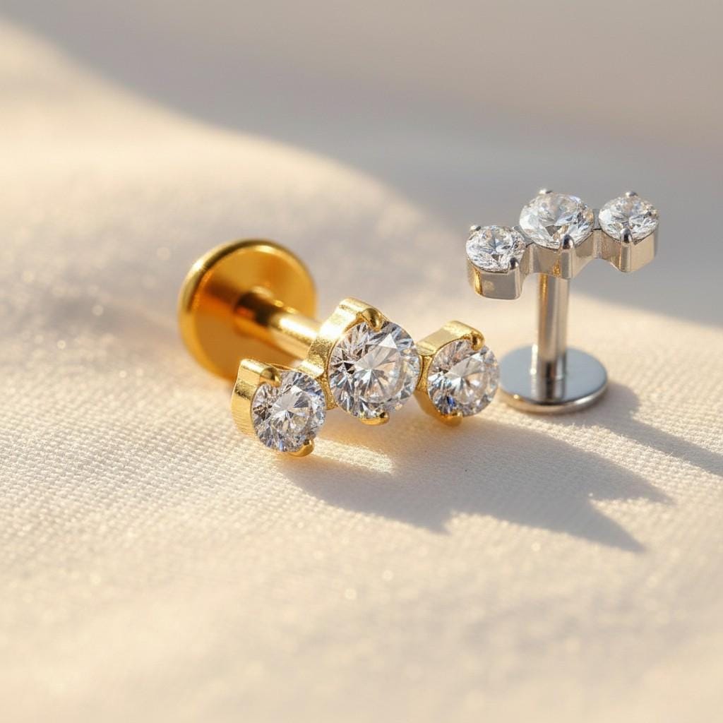 Titanium Trinity Cluster Labret, 16G Triple CZ Stud, Flat Back Earring, Helix Tragus Conch Medusa, Hypoallergenic