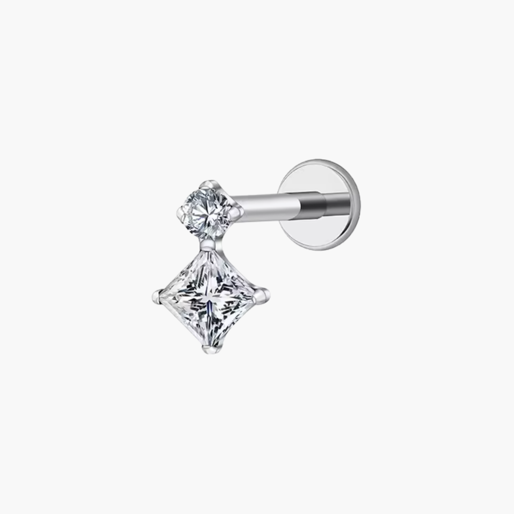 16G Geometric CZ Labret, Square Round Flat Back Stud, Titanium Cartilage Earring, Conch Tragus Helix Piercing, Minimalist Implant Grade