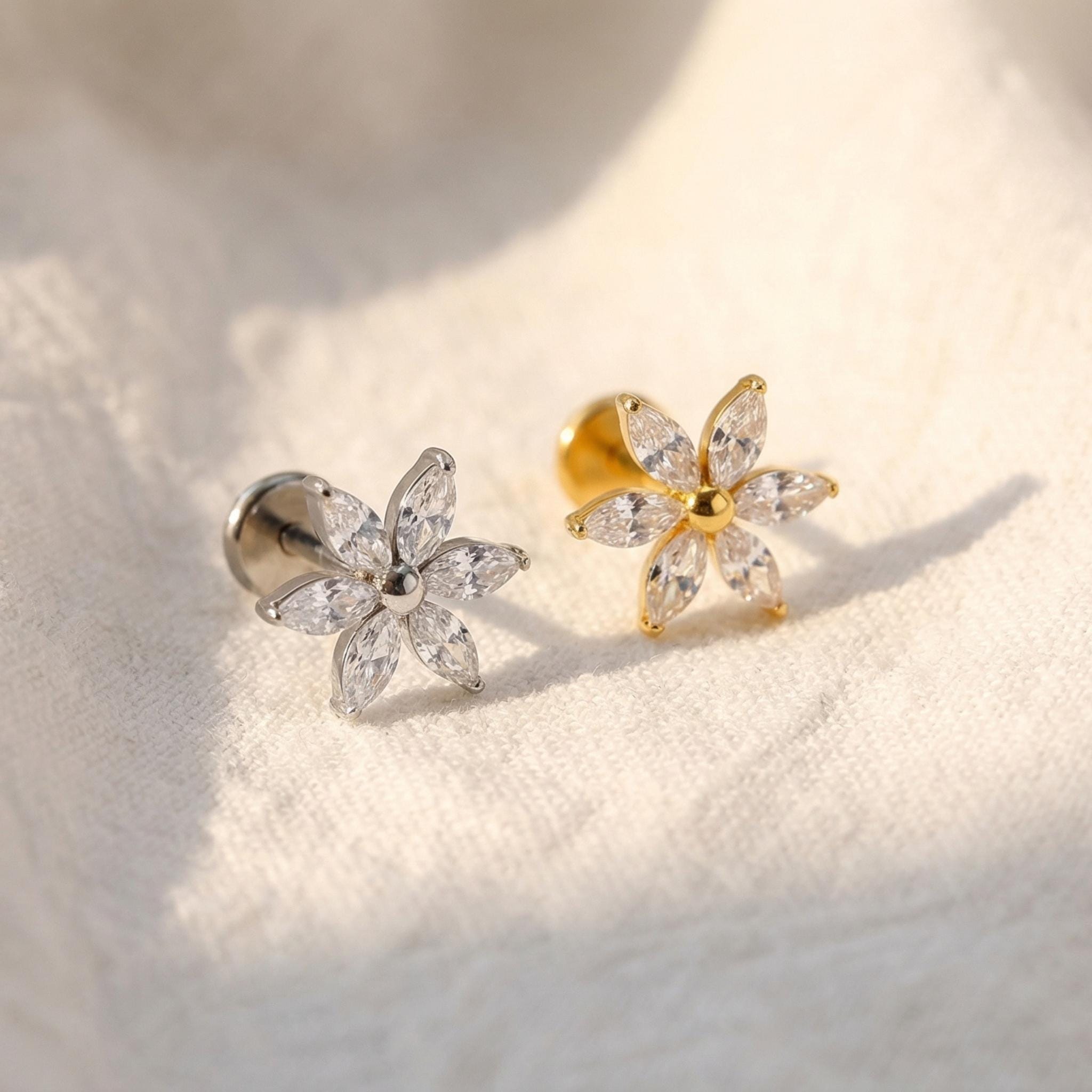 16G Titanium Marquise Flower Labret, CZ Floral Cartilage Stud, Flat Back Tragus Helix Conch Piercing, Hypoallergenic Jewelry
